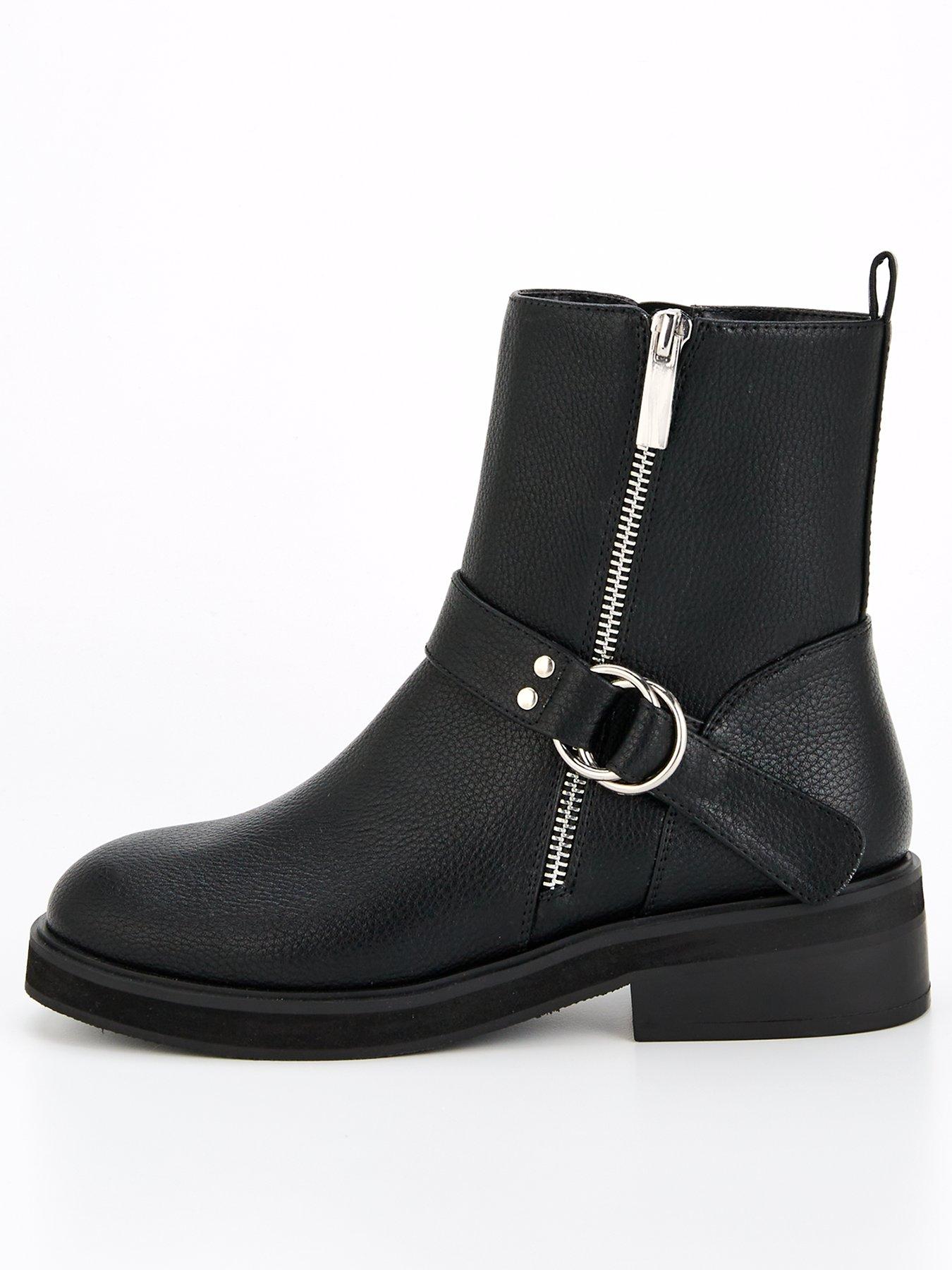 V by Very Wide Fit Flat Biker Boot With Zip Detail Ankle Boot Black littlewoods