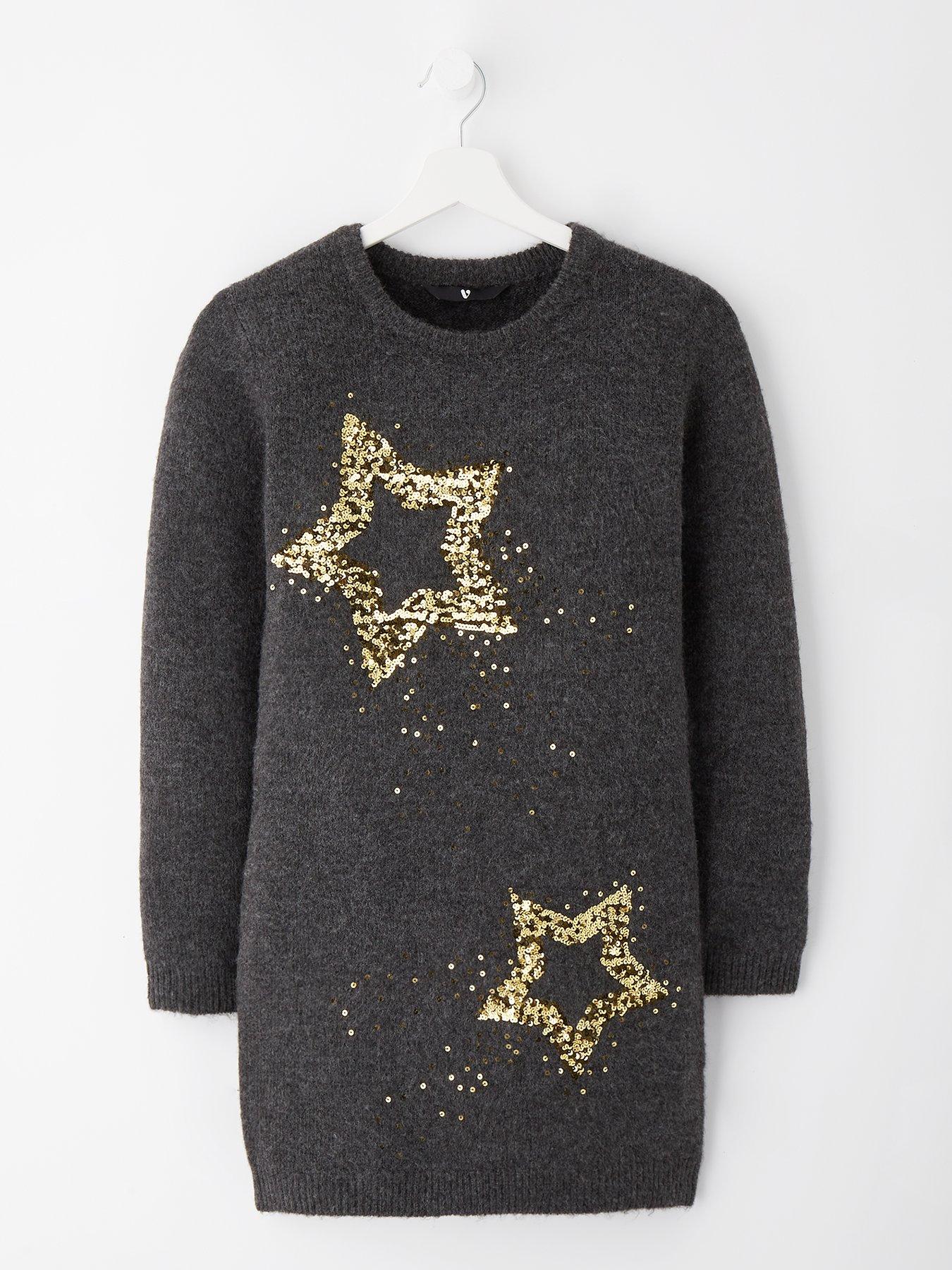undefined Girls Sequin Star Knitted Dress - Grey