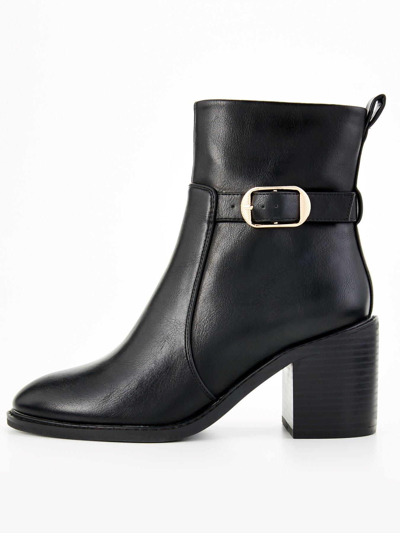 undefined Ankle Strap With Buckle Block Heel Ankle Boot - Black