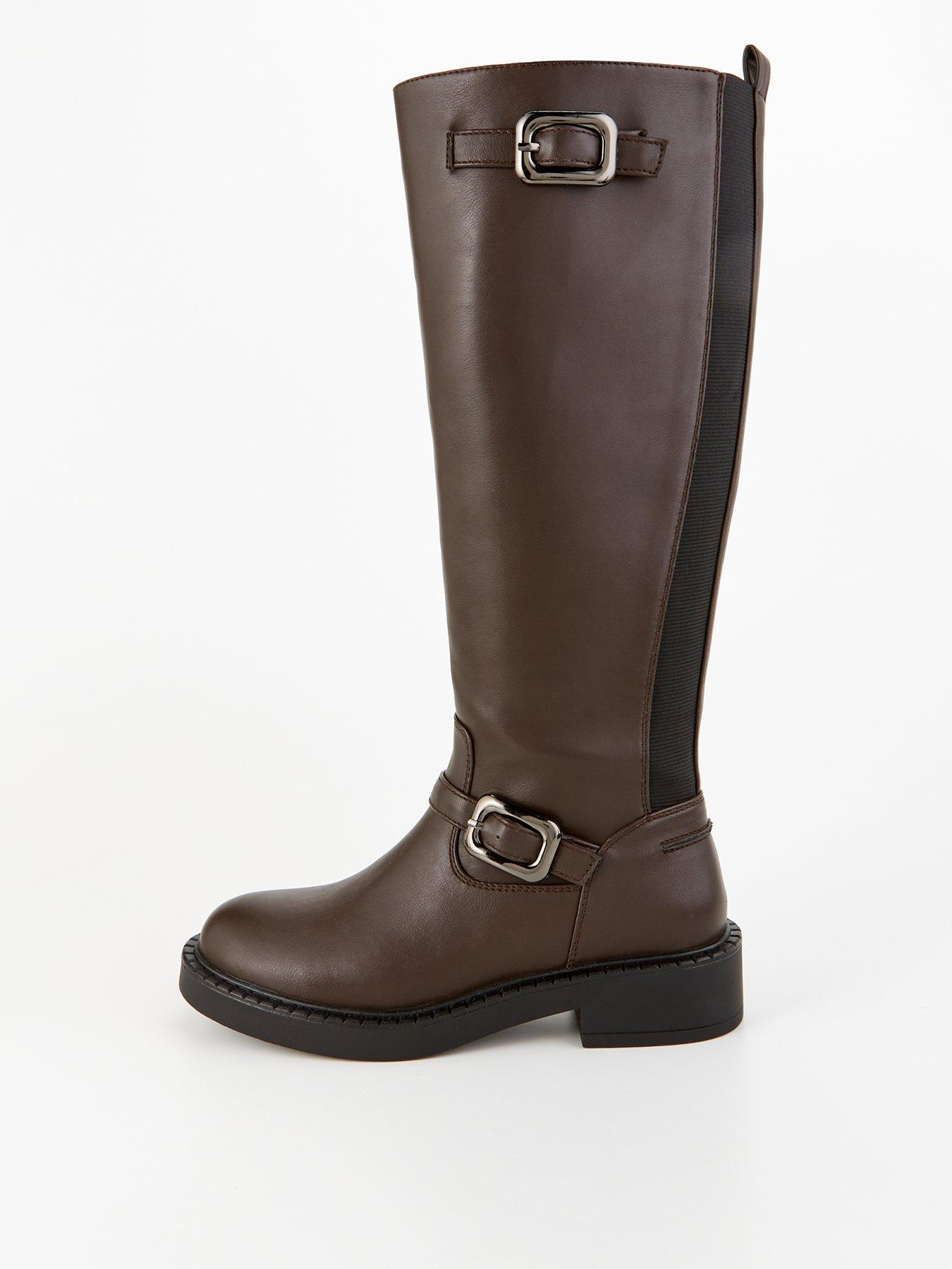 undefined Elastic Panel Buckle Knee Boot - Brown