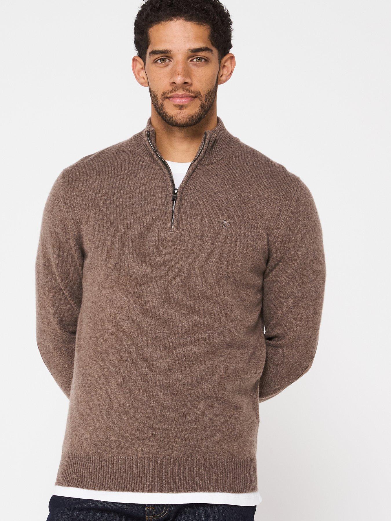  image of hackett-lambswool-half-zip-knitted-jumper-dark-natural