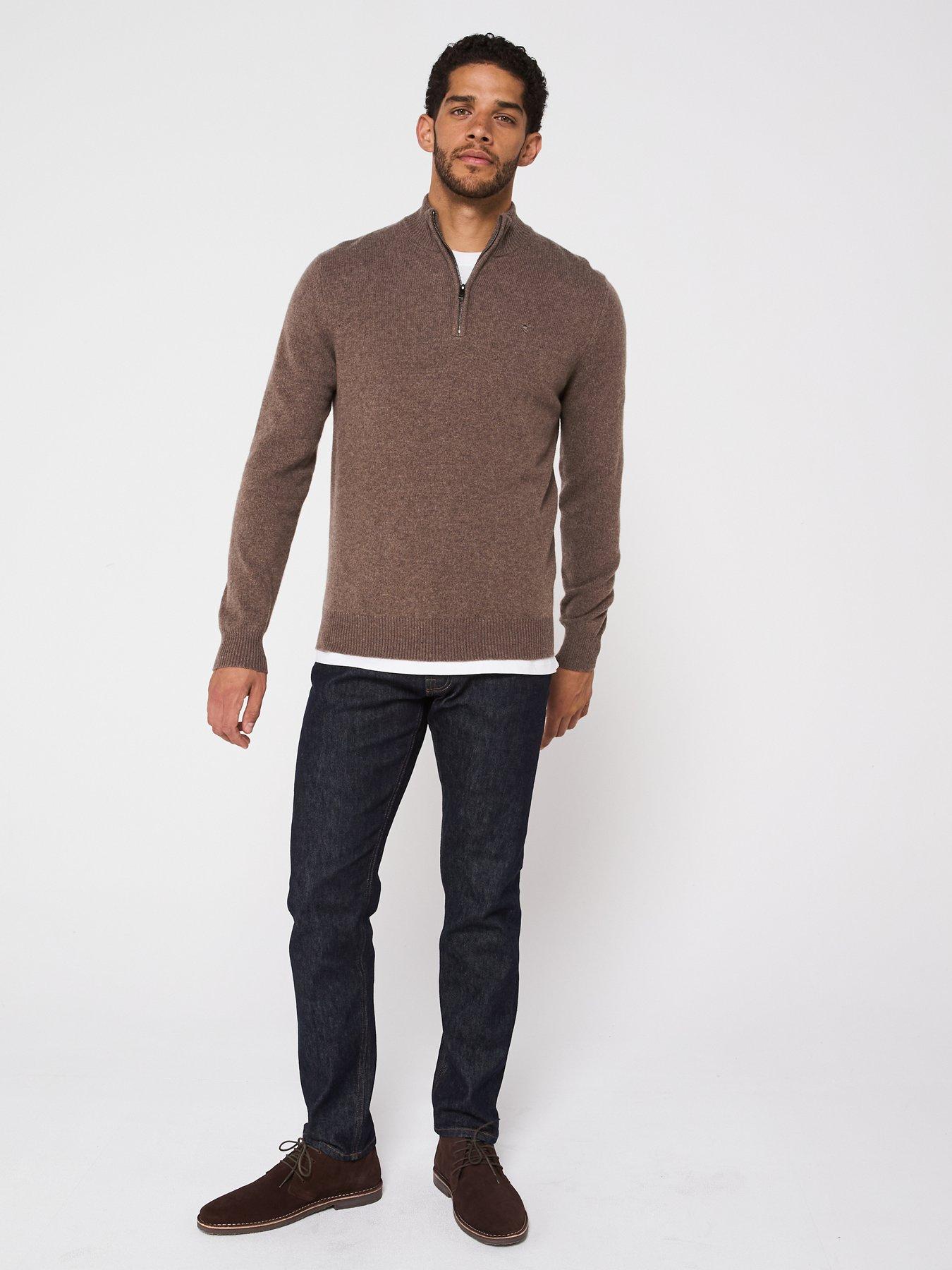  image of hackett-lambswool-half-zip-knitted-jumper-dark-natural