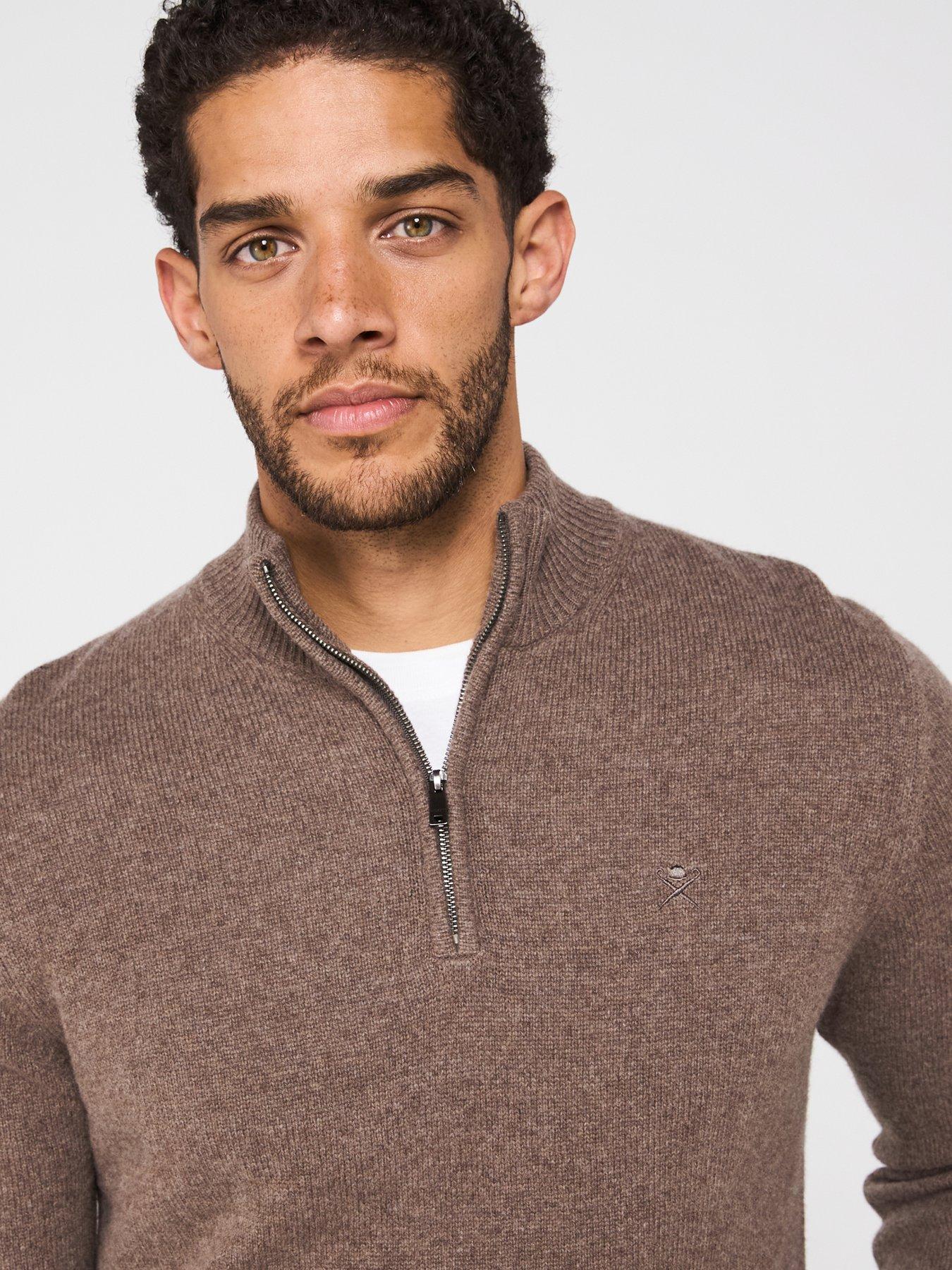  image of hackett-lambswool-half-zip-knitted-jumper-dark-natural