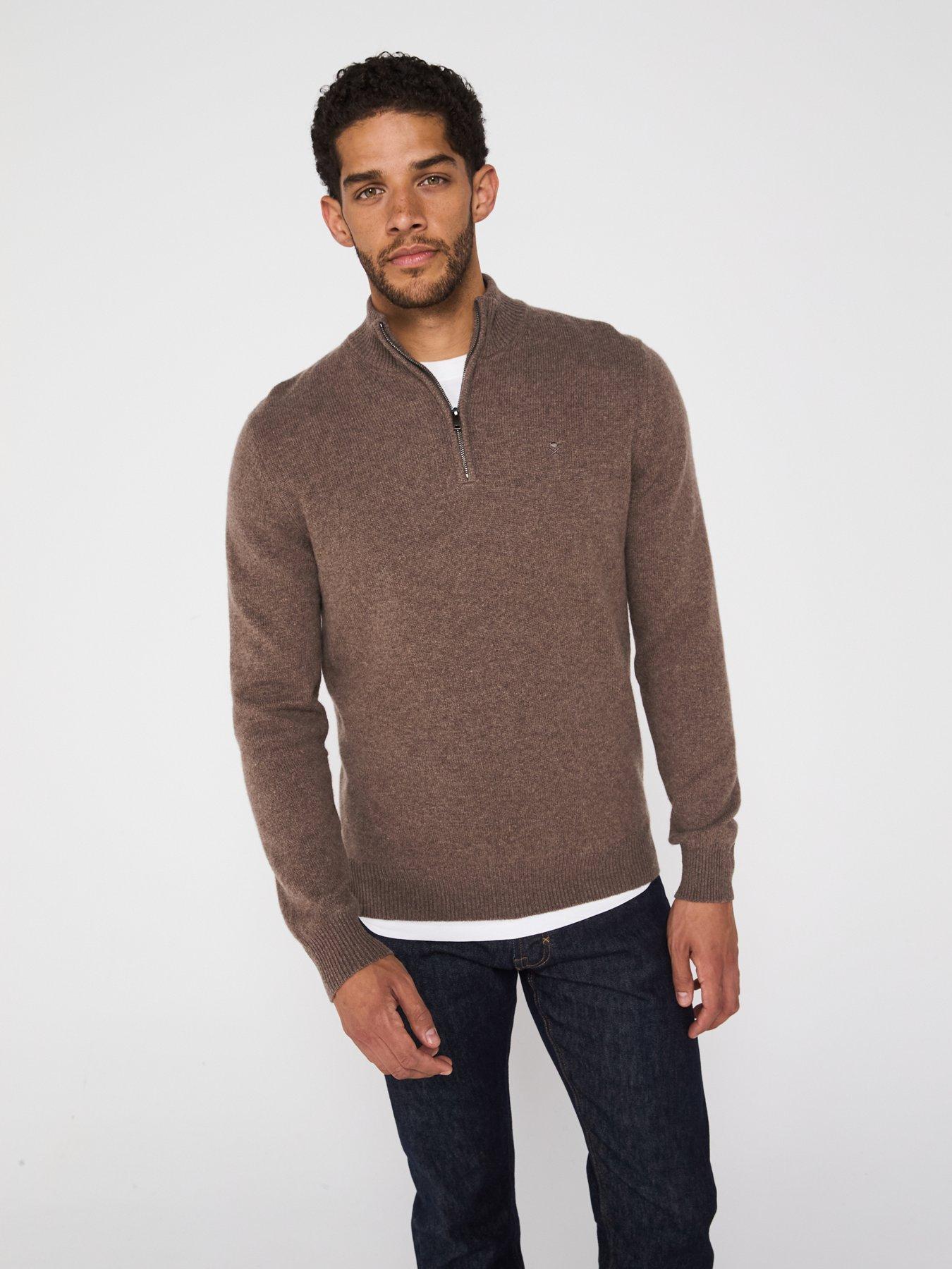  image of hackett-lambswool-half-zip-knitted-jumper-dark-natural