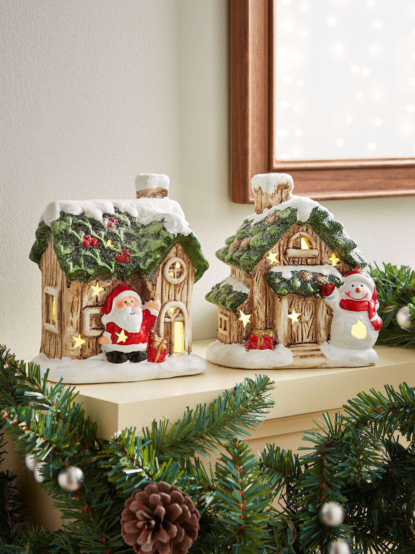 Festive Set of 2 Lit Ceramic Santa/Snowman House Christmas Decorations - 16 cm