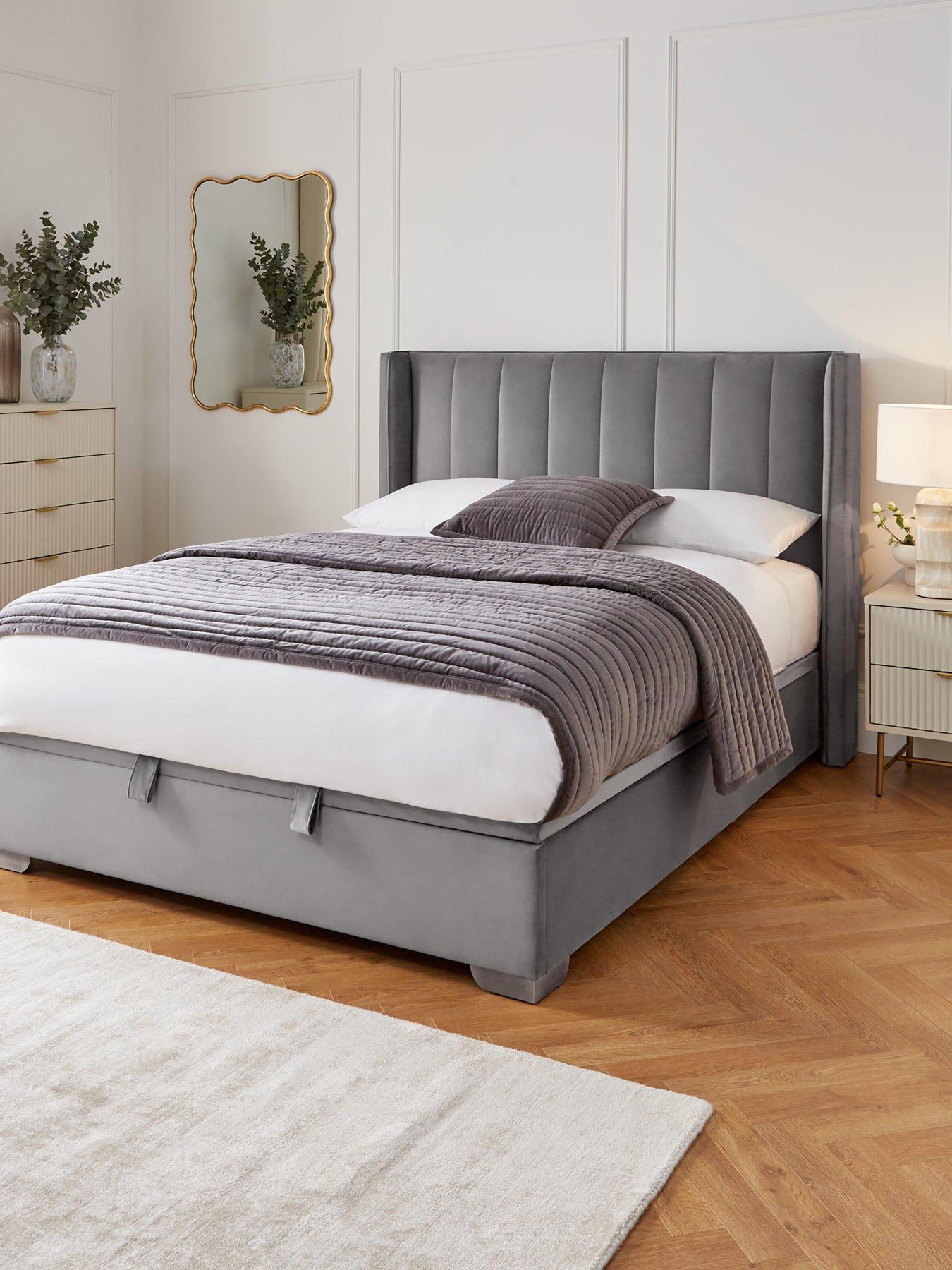 Very Home New Dakota Velvet End Lift Up Storage Ottoman Bed with Mattress Options (Buy  &  SAVE!) - Grey, Cream