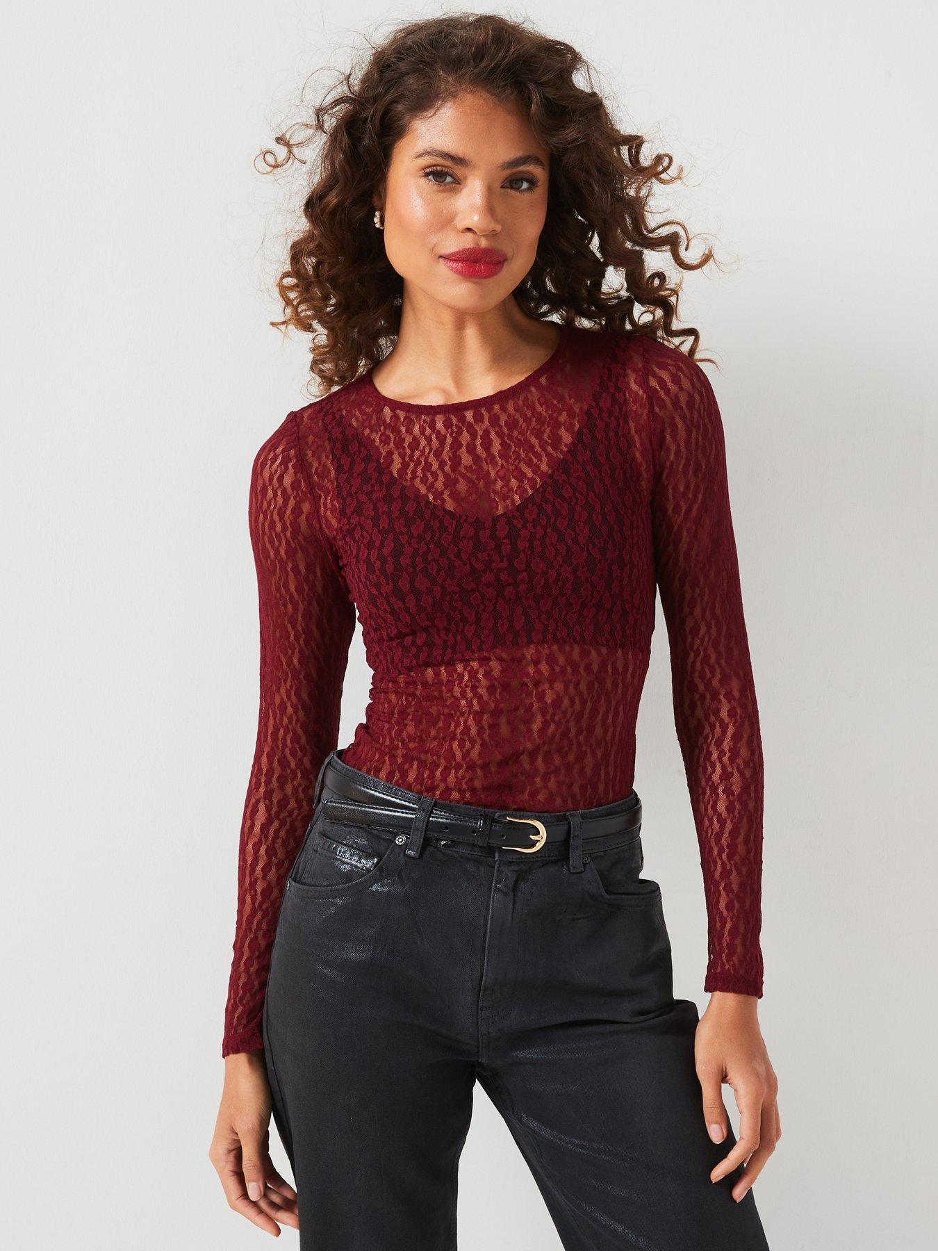 undefined Lace Long Sleeve Bodysuit - Red