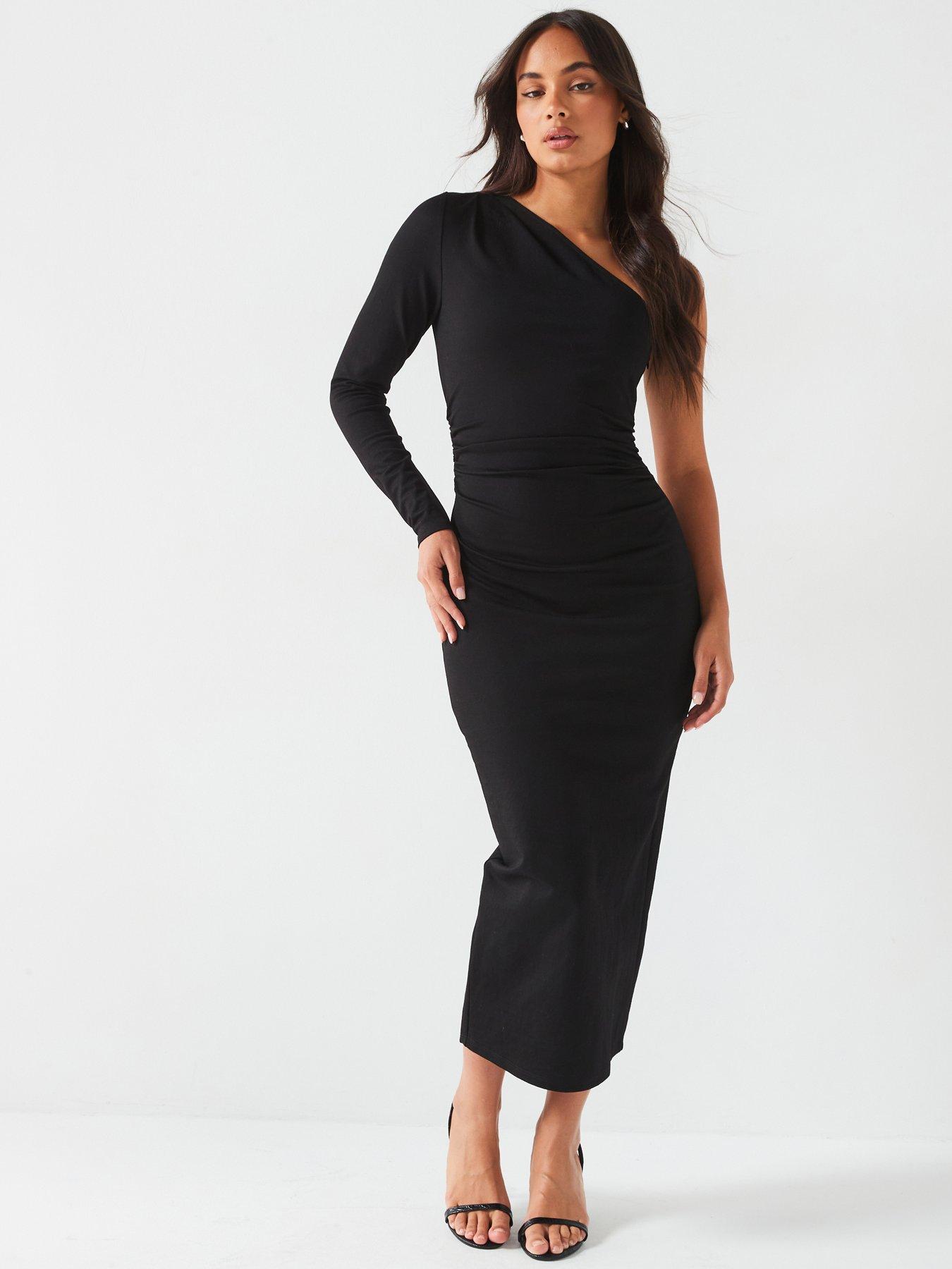 undefined One Shoulder Ruched Waist Stretch Midi Dress - Black