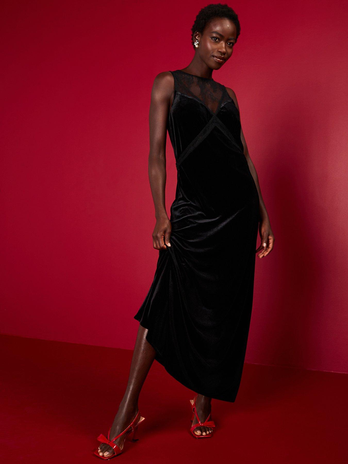 undefined Lace Insert Velvet Sleeveless Maxi Dress - Black