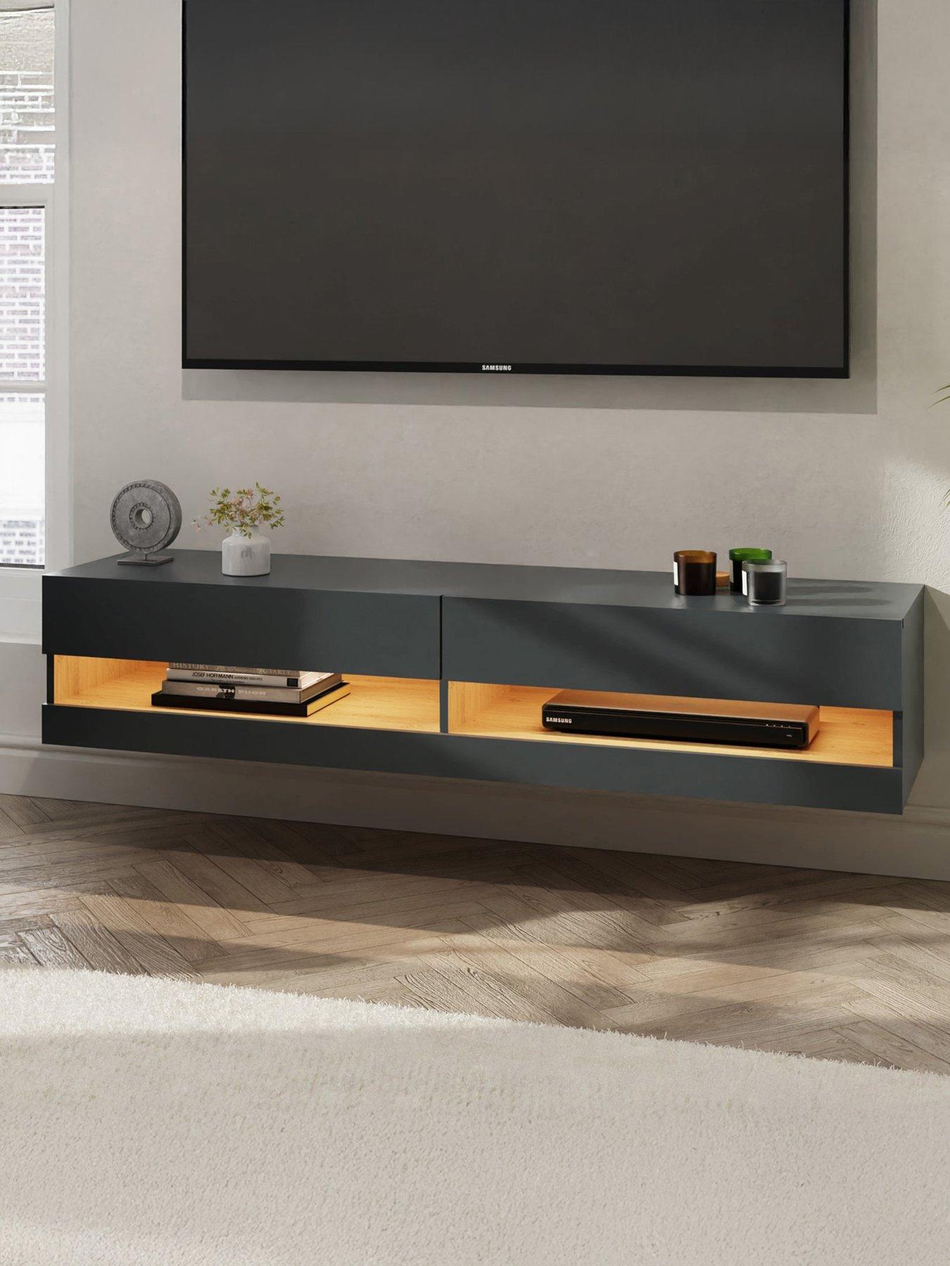 GFW Leon 180 cm Wall Mounted TV Unit with LED Lights - fits up to 75 inch TV - Anthracite