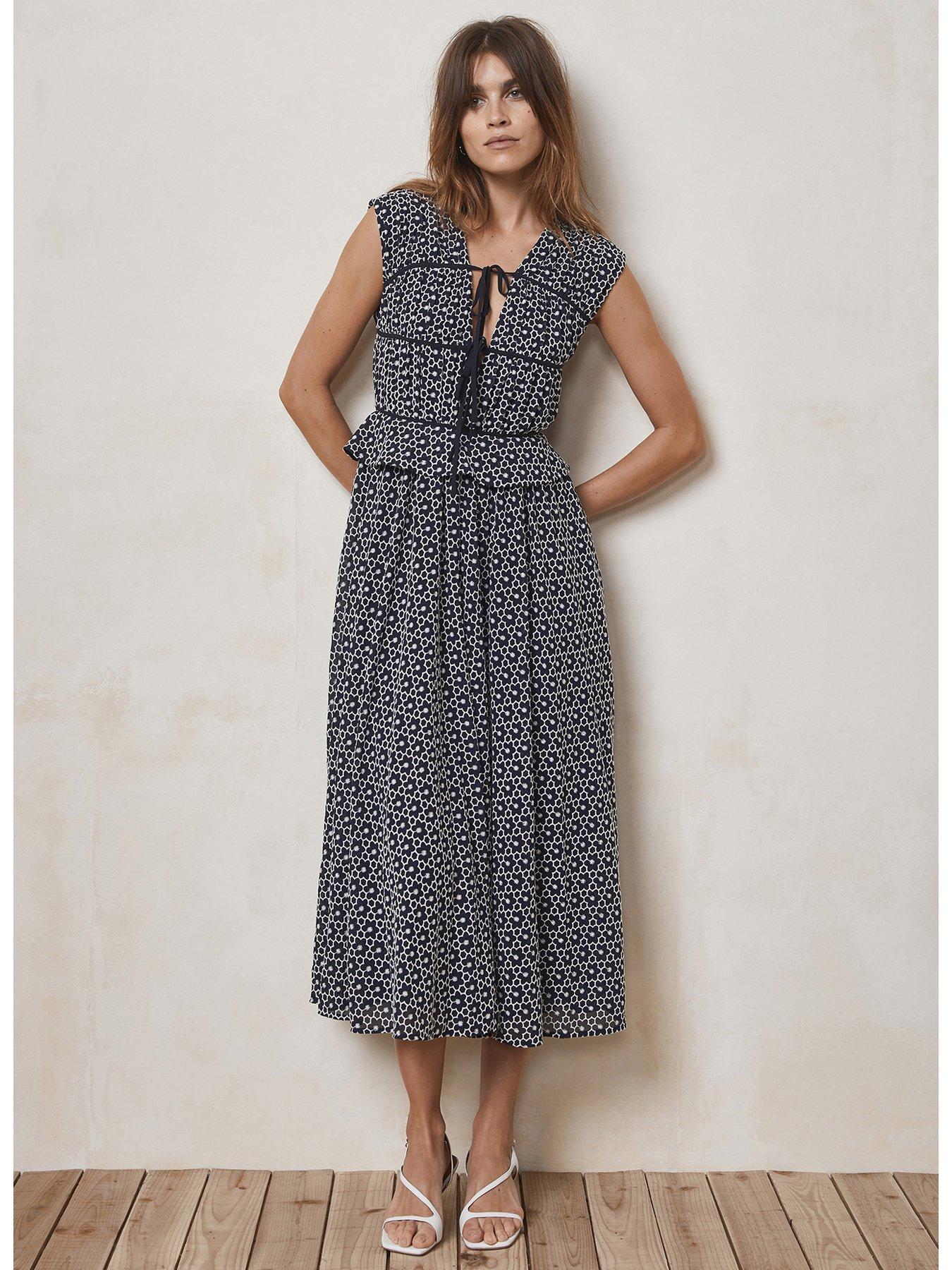 Broderie Tie Front Midi Dress Navy