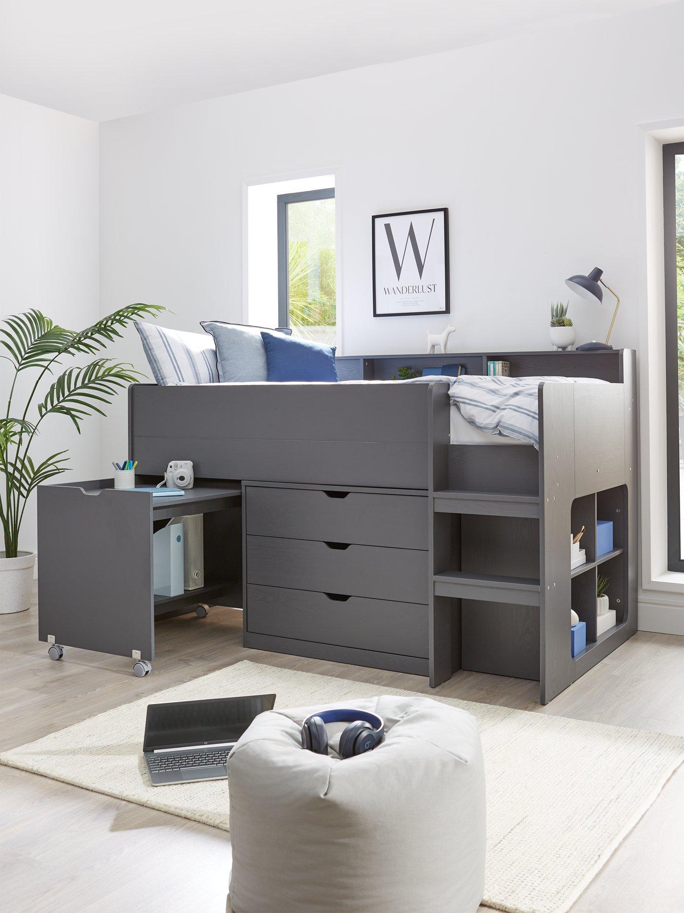 Very Home Aspen Mid Sleeper Bed with Desk, Drawers, Shelving and Mattress Offer (Buy  &  SAVE!) - Dark Grey Oak Effect