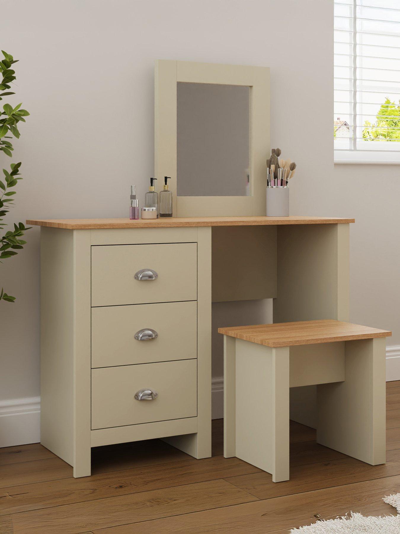 cream dressing table and stool Farmhouse Country Oak Cream Painted Dressing Table Mirror Stool Set