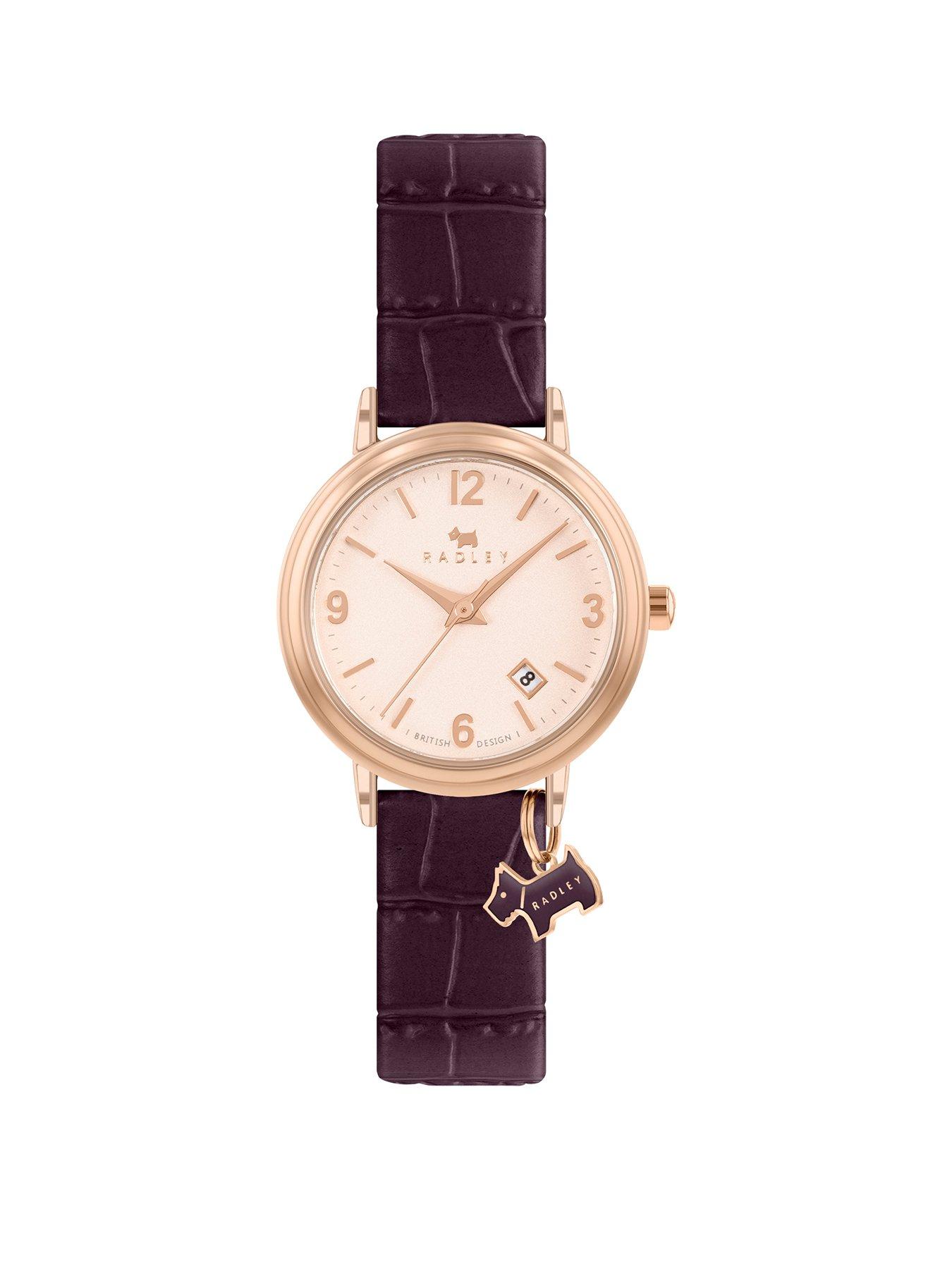undefined Ladies Aubergine Stepped Bezel Rose Gold Plated Strap Watch