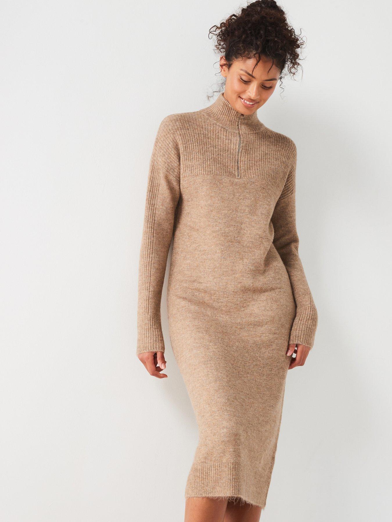 Image 1 of 5 of Everyday Knitted Quarter Zip Midi Dress - Neutral