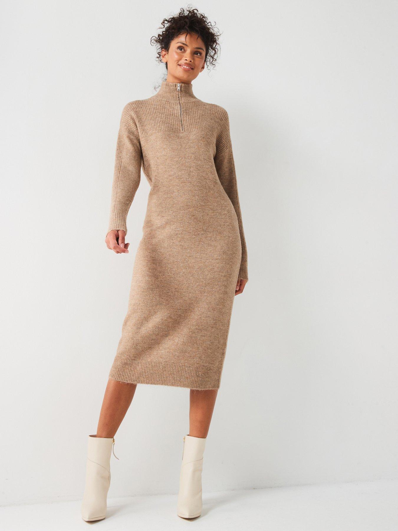 Image 3 of 5 of Everyday Knitted Quarter Zip Midi Dress - Neutral