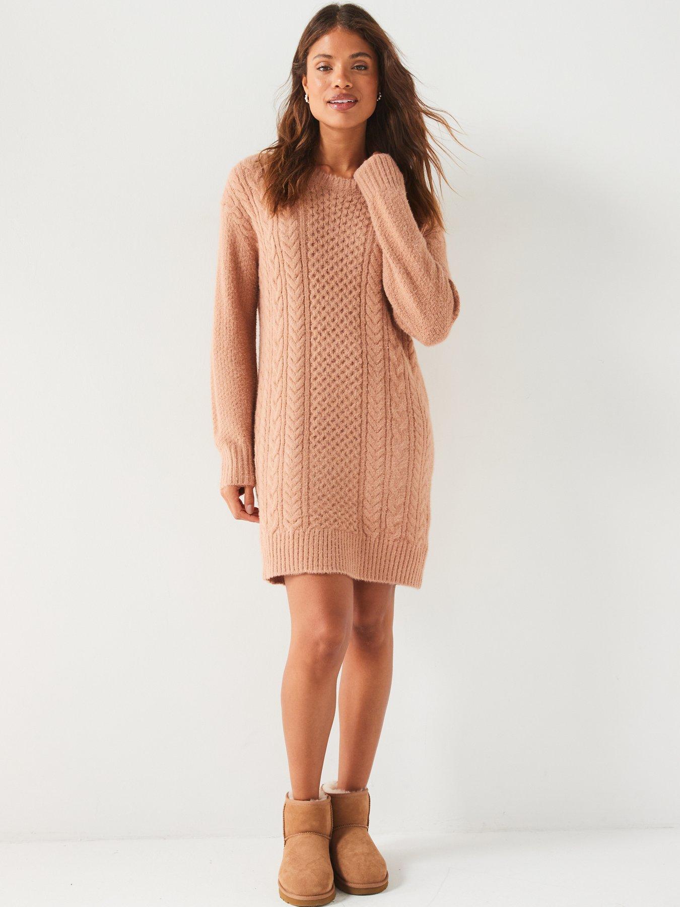  image of v-by-very-crew-neck-cable-knitted-mini-dress-natural