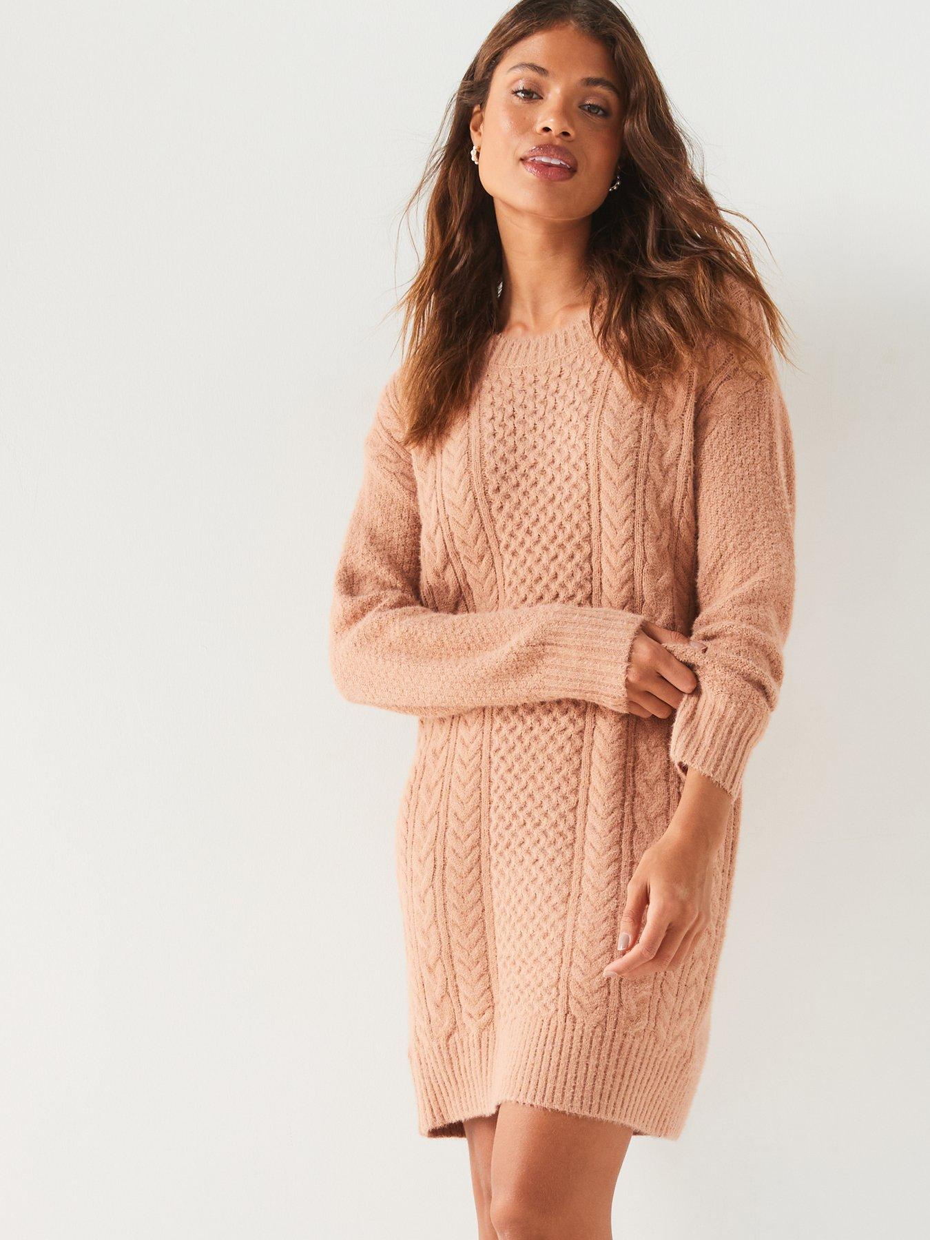  image of v-by-very-crew-neck-cable-knitted-mini-dress-natural