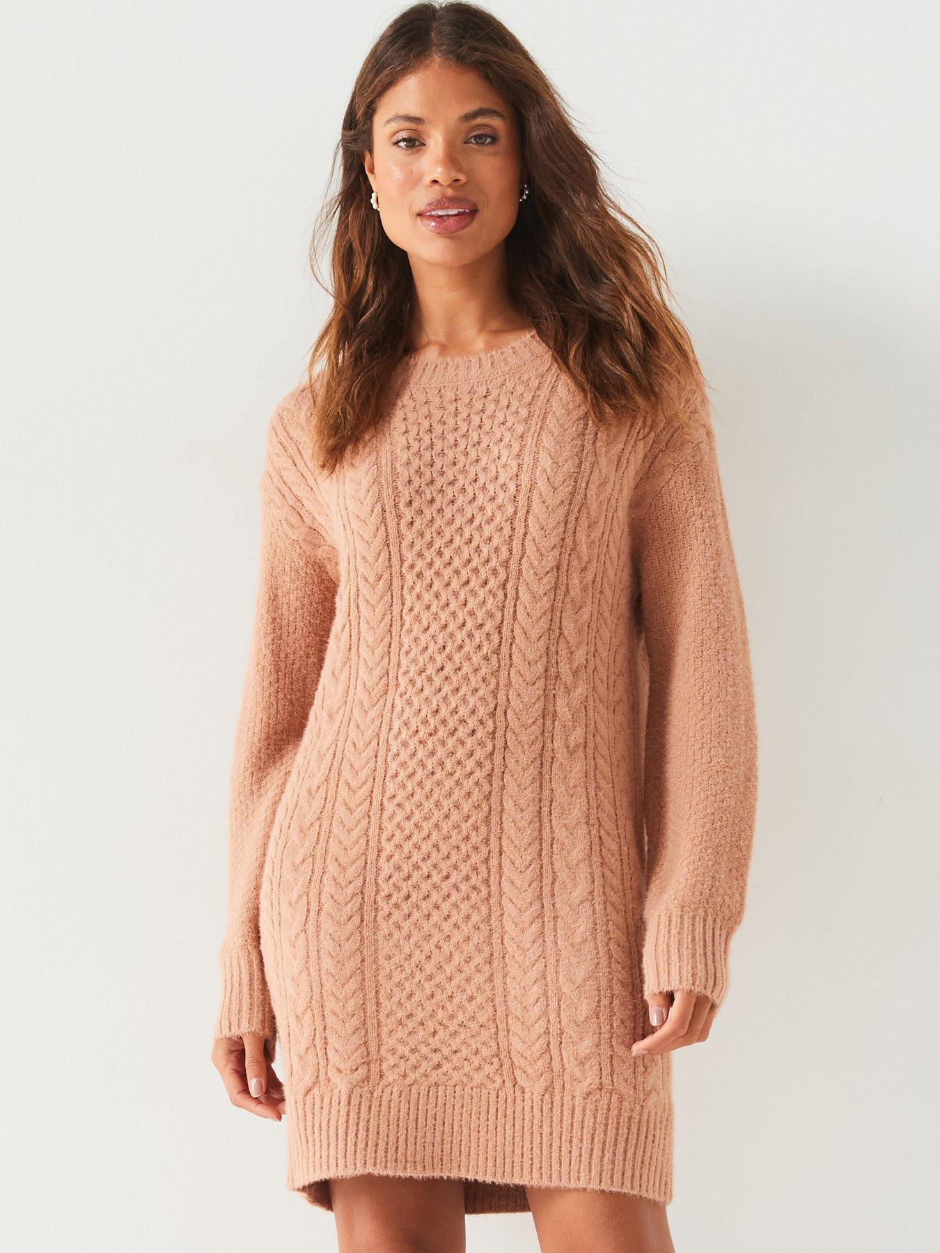  image of v-by-very-crew-neck-cable-knitted-mini-dress-natural