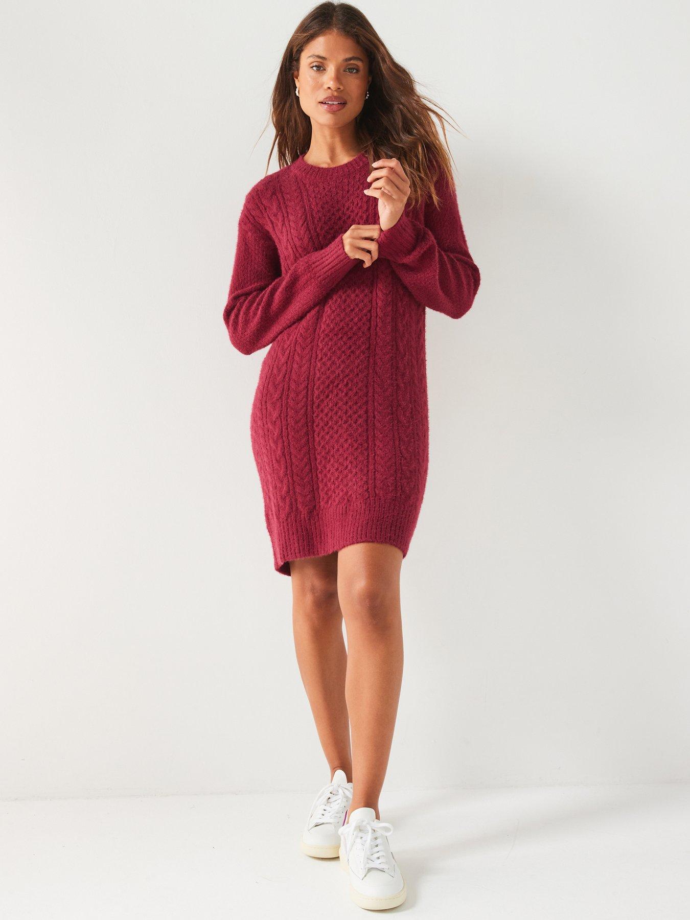 undefined Crew Neck Cable Knitted Mini Dress - Burgundy