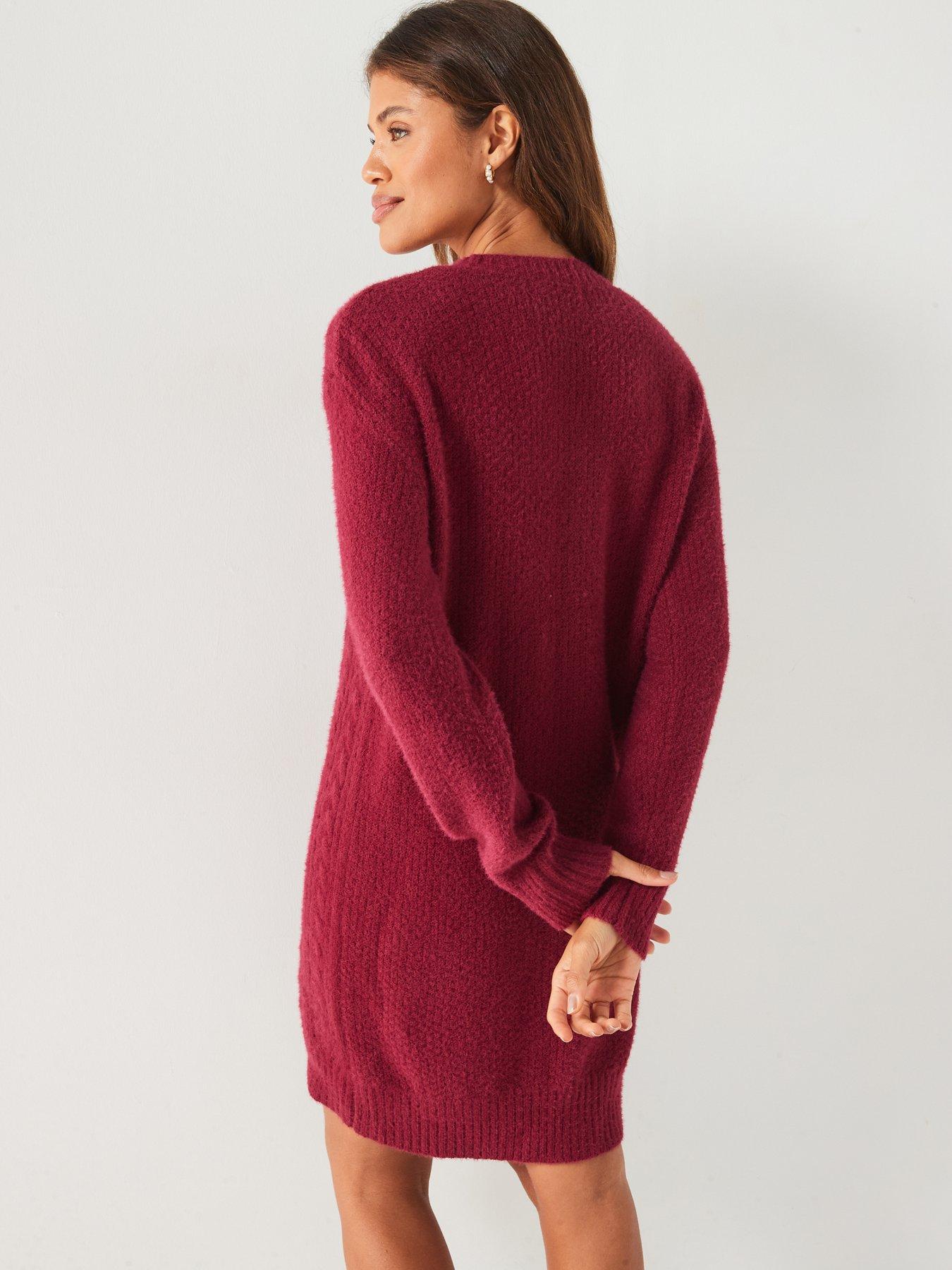 Image 2 of 5 of V by Very Crew Neck Cable Knitted Mini Dress - Burgundy