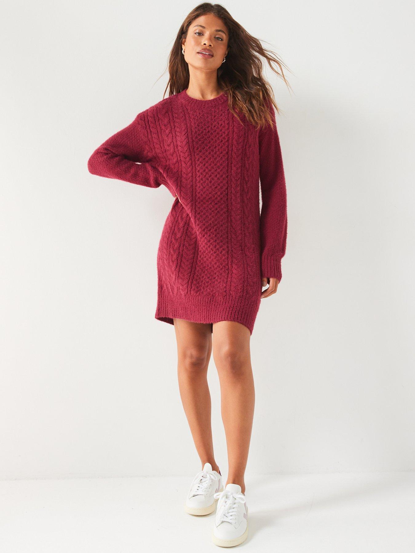 Image 3 of 5 of V by Very Crew Neck Cable Knitted Mini Dress - Burgundy