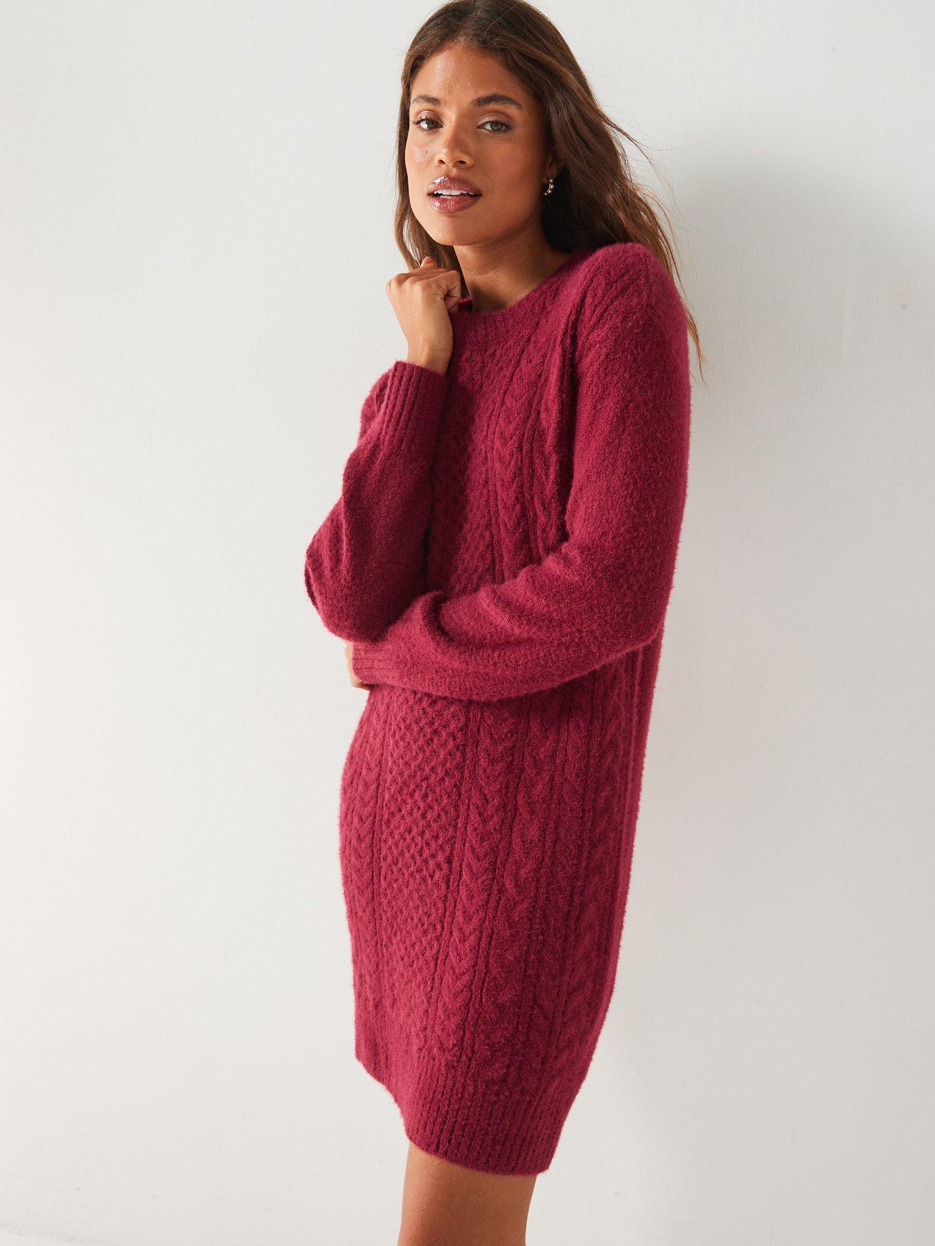 Image 4 of 5 of V by Very Crew Neck Cable Knitted Mini Dress - Burgundy