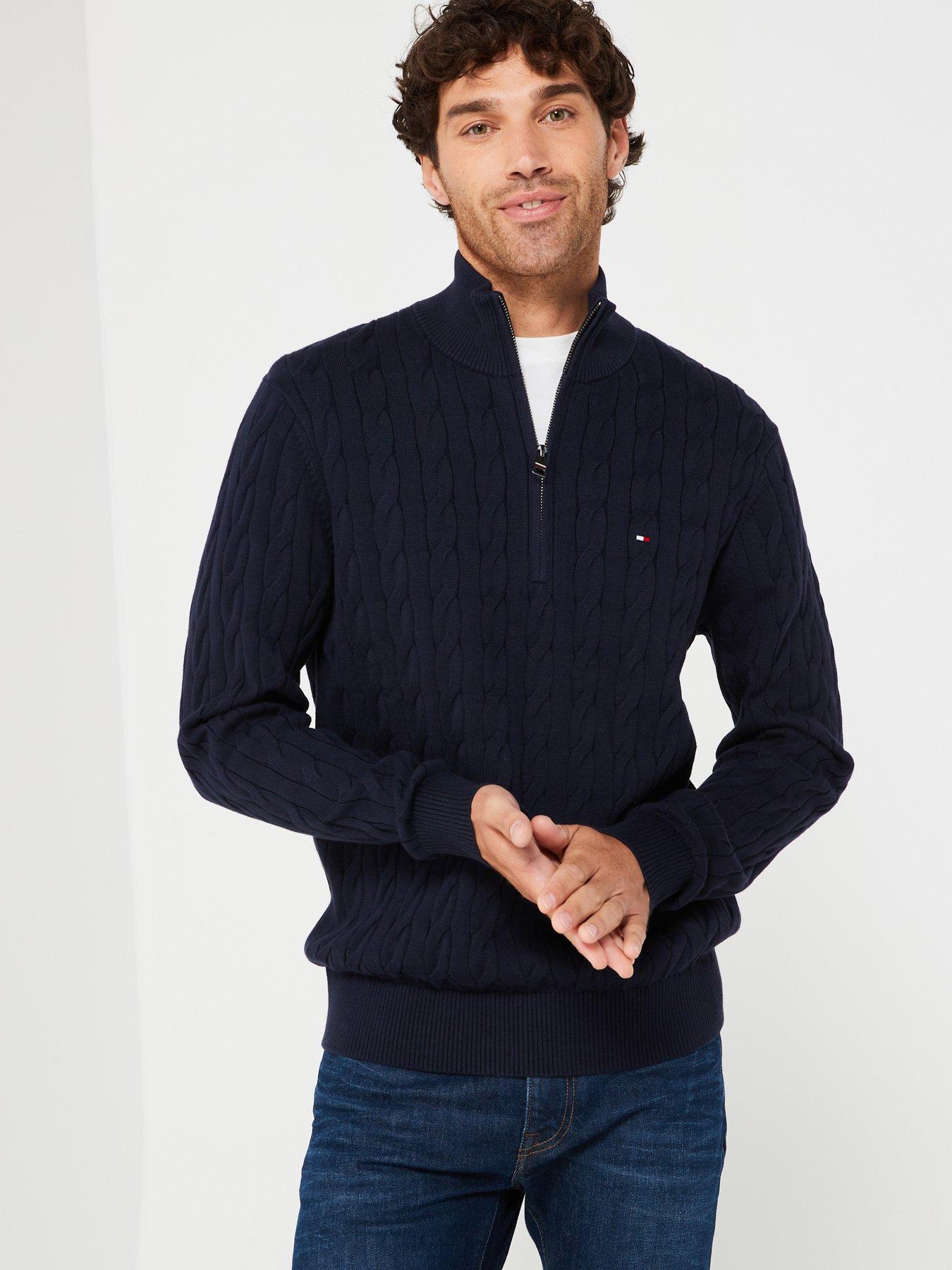 Image 1 of 5 of Tommy Hilfiger Classic Cotton Cable 1/4 Zip Mock Knitted Jumper - Navy