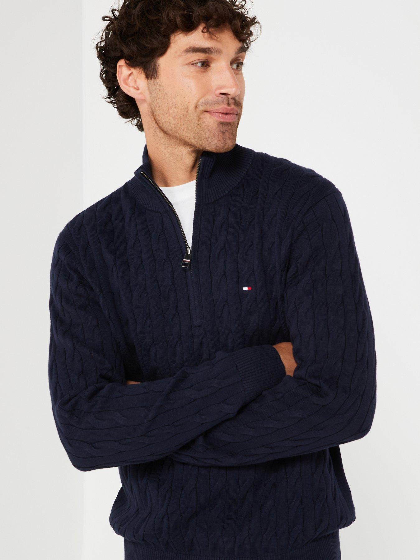 Image 4 of 5 of Tommy Hilfiger Classic Cotton Cable 1/4 Zip Mock Knitted Jumper - Navy