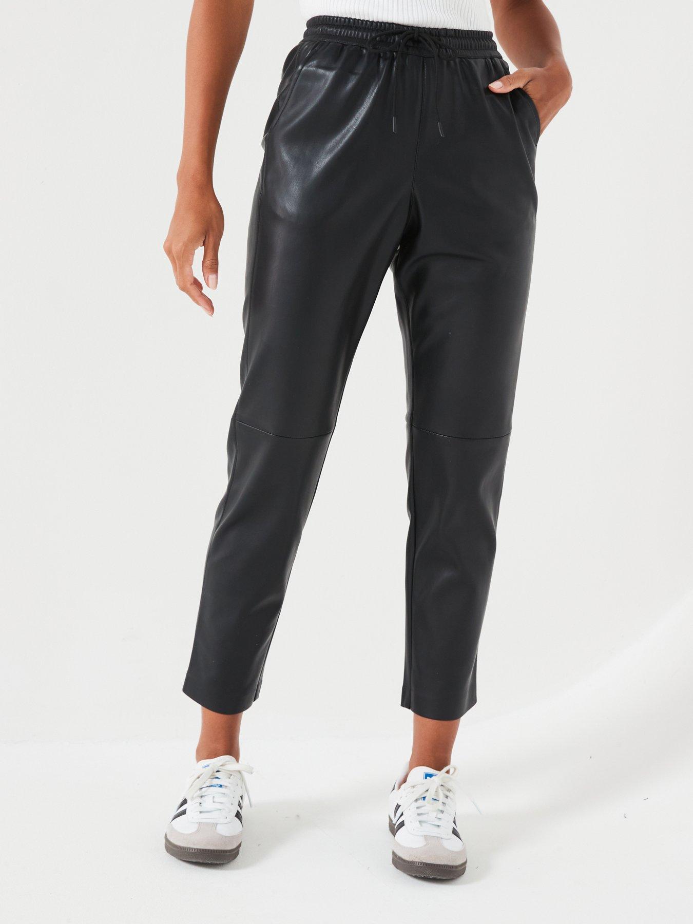 undefined Faux Leather Stretch Waistband Straight Leg Trousers - Black