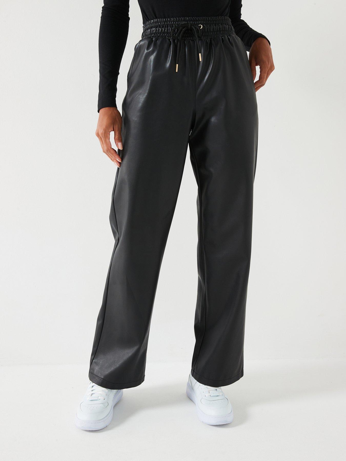 undefined Faux Leather Stretch Waistband Wide Leg Trousers - Black