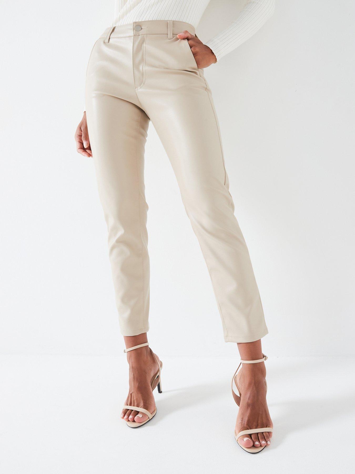 undefined Faux Leather Slim Cigarette Trousers - Beige