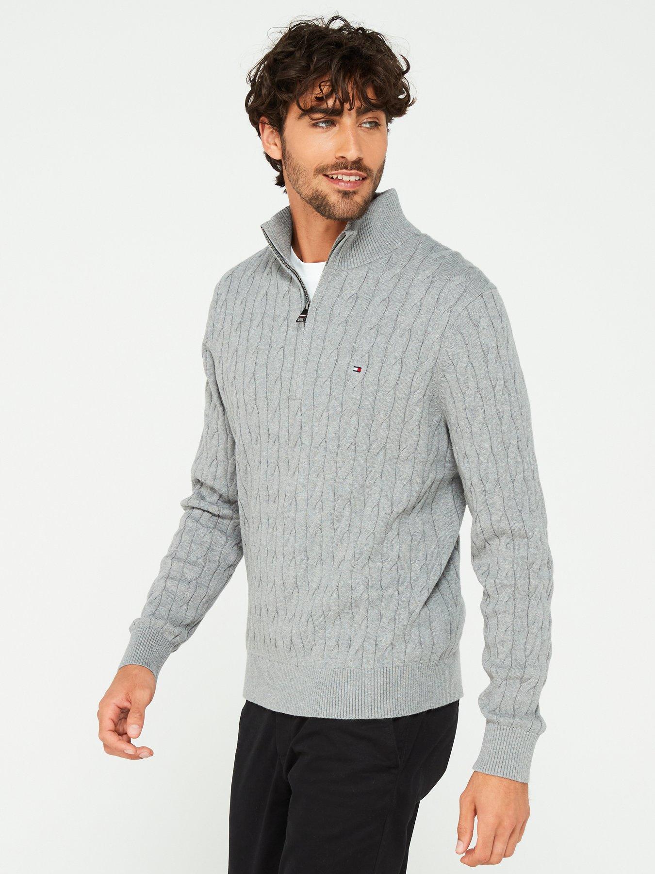 undefined Classic Cotton Cable 1/4 Zip Mock Knitted Jumper - Grey