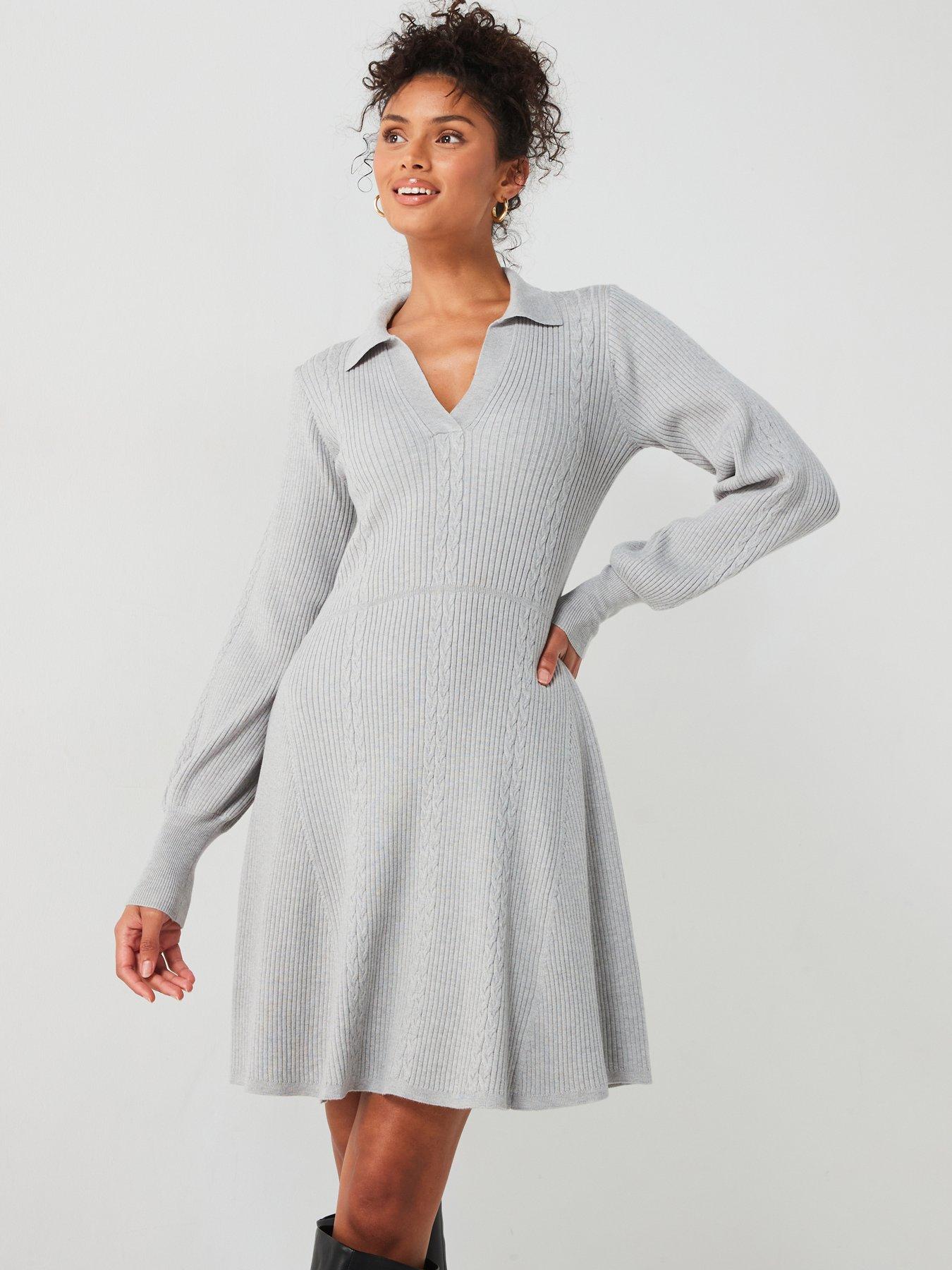 undefined Collared Fit and Flare Mini Dress with Wool  - Light Grey