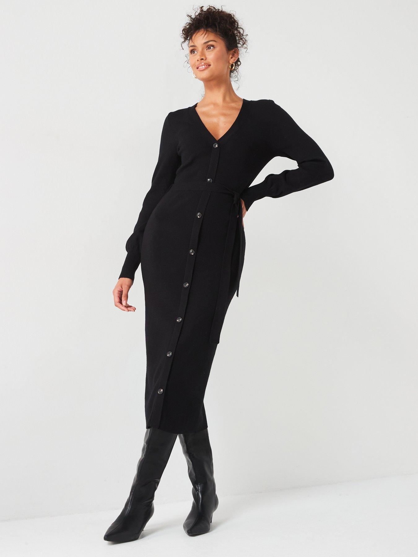 undefined V Neck Belted Knit Midi Dress - Black