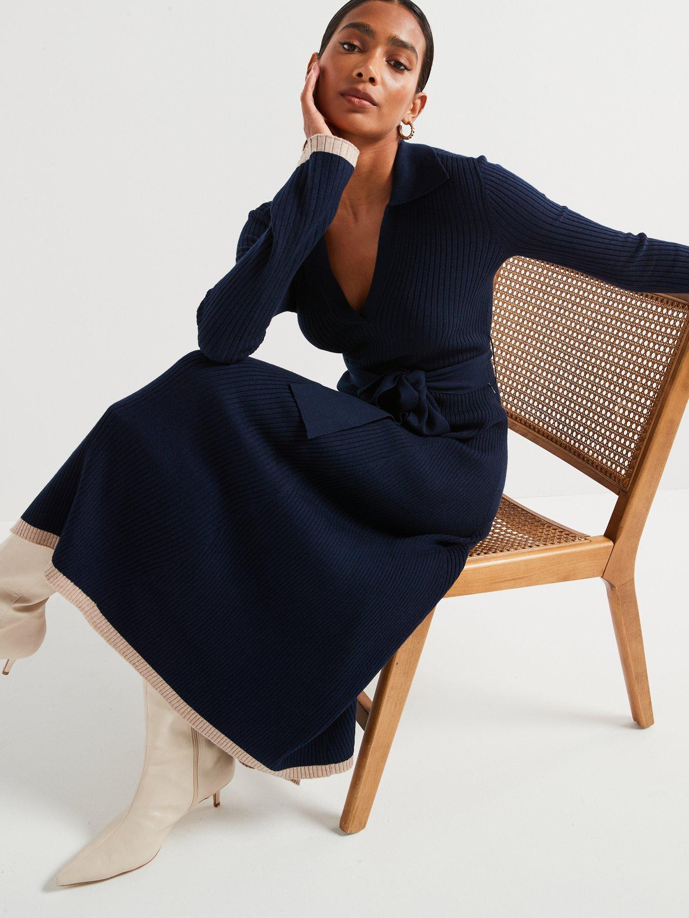V by Very Premium Knitted Belted Dress with Wool - Navy | Littlewoods