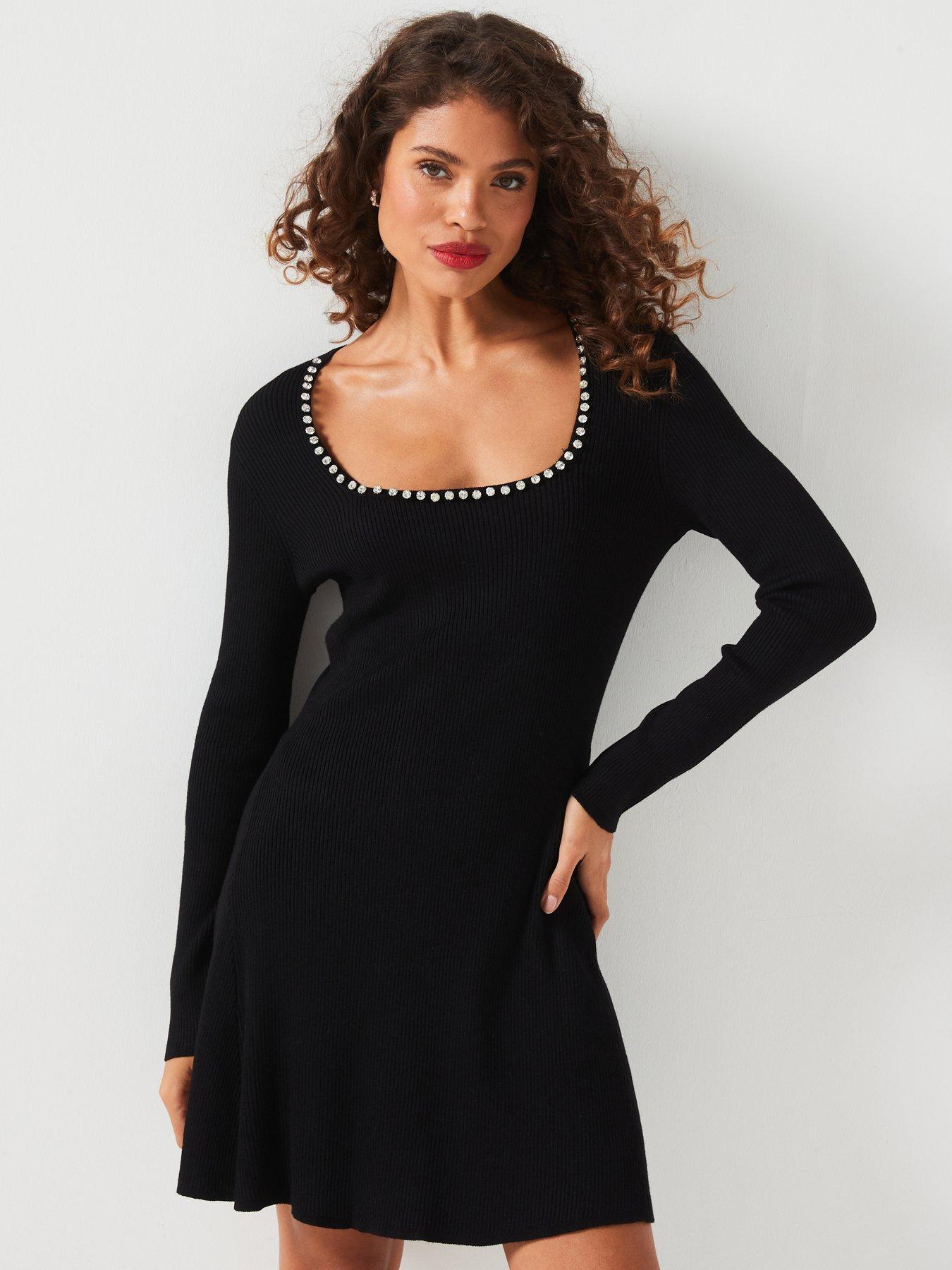  image of v-by-very-party-square-neck-embellished-dress-black
