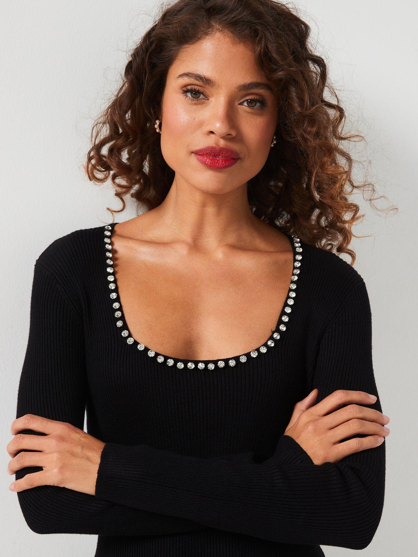 image of v-by-very-party-square-neck-embellished-dress-black