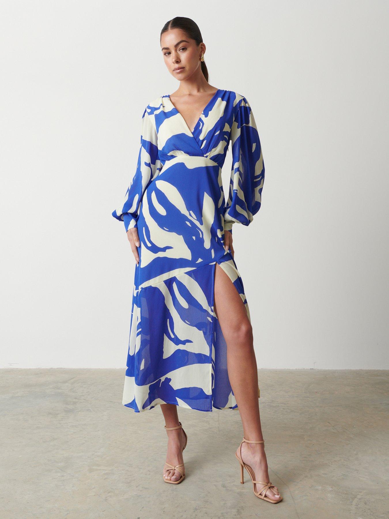 Pretty Lavish Lilianna Backless Balloon Sleeve Printed Dress - Abstract - Blue
