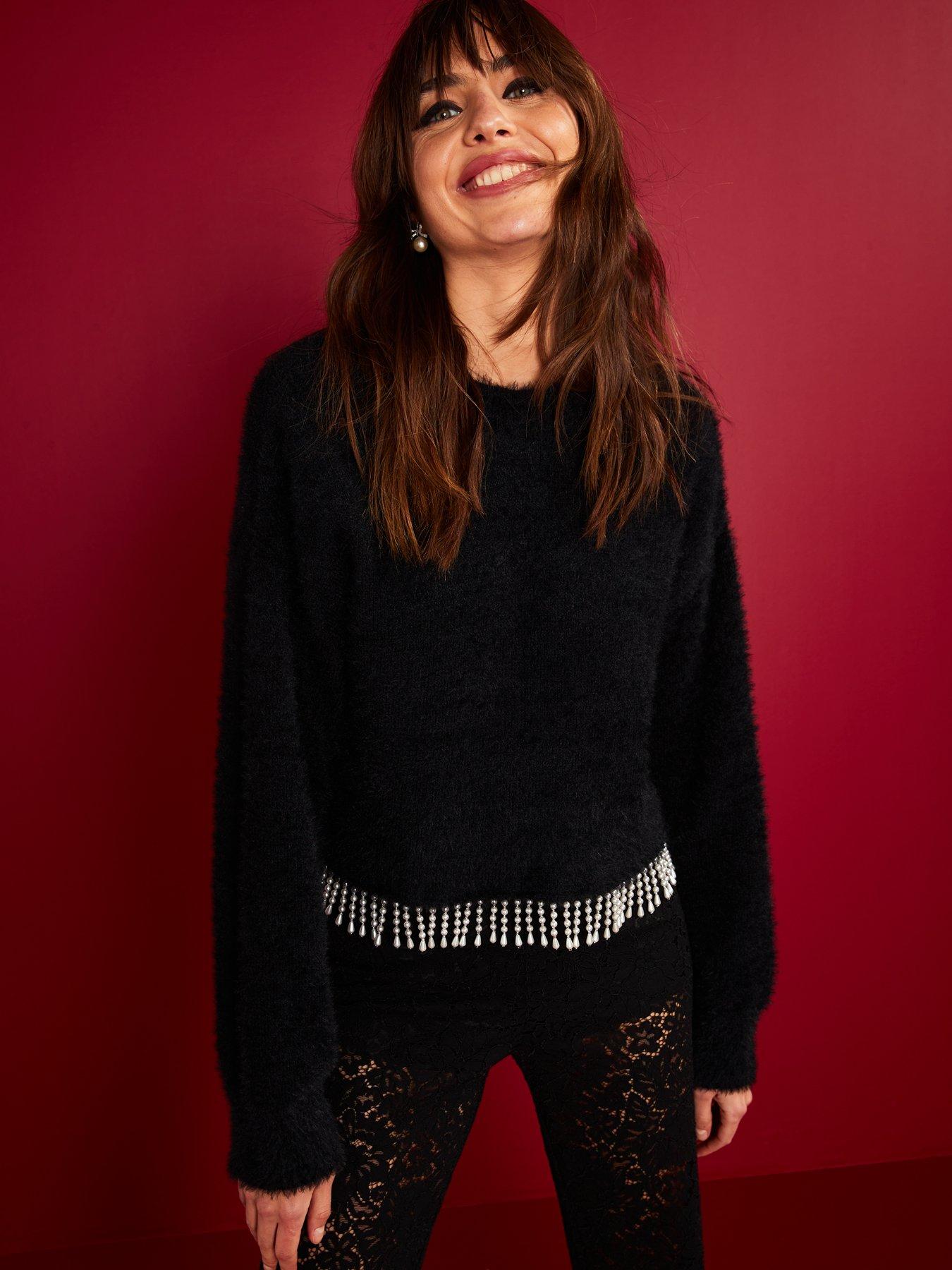 undefined Crew Neck Pearl Trim Jumper - Black