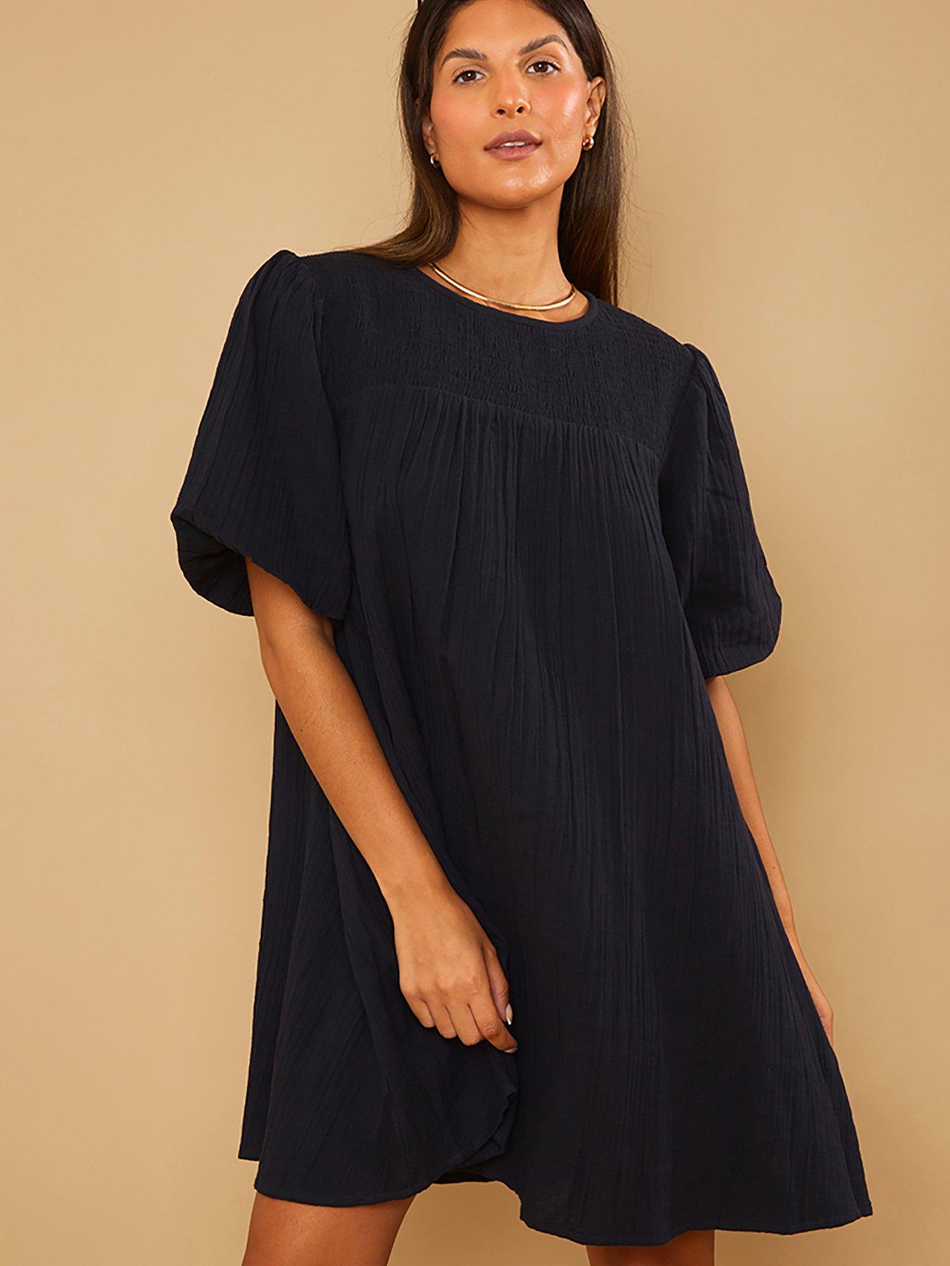 undefined Stacey Solomon Black Puff Sleeve Smock Mini Dress