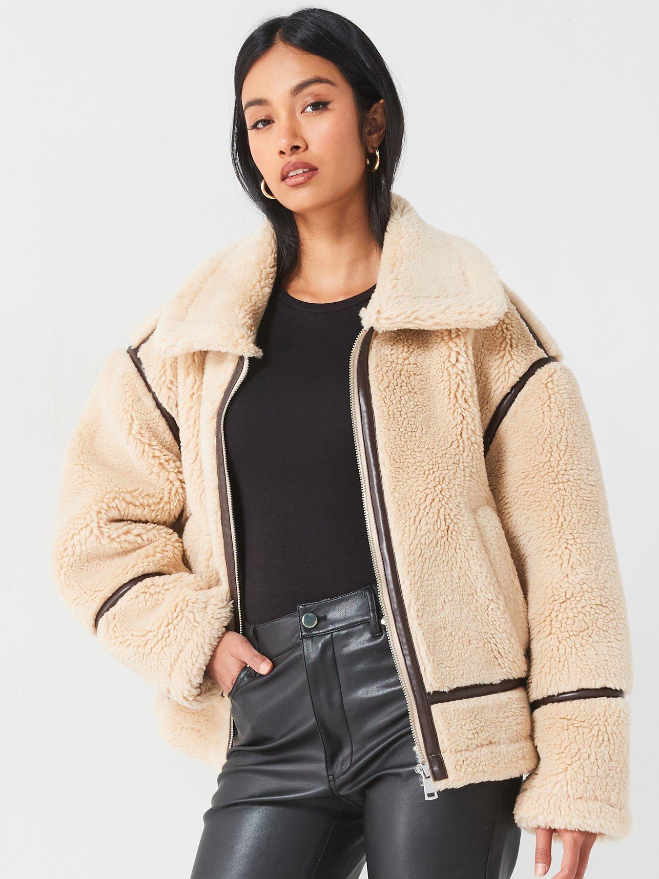 Cream boucle faux fur aviator jacket online