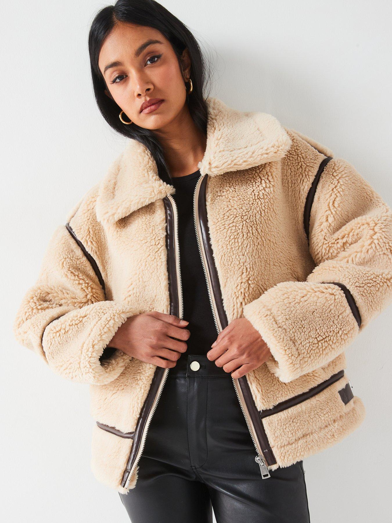 V by Very Faux Fur Aviator Jacket With Contrast Trims Light