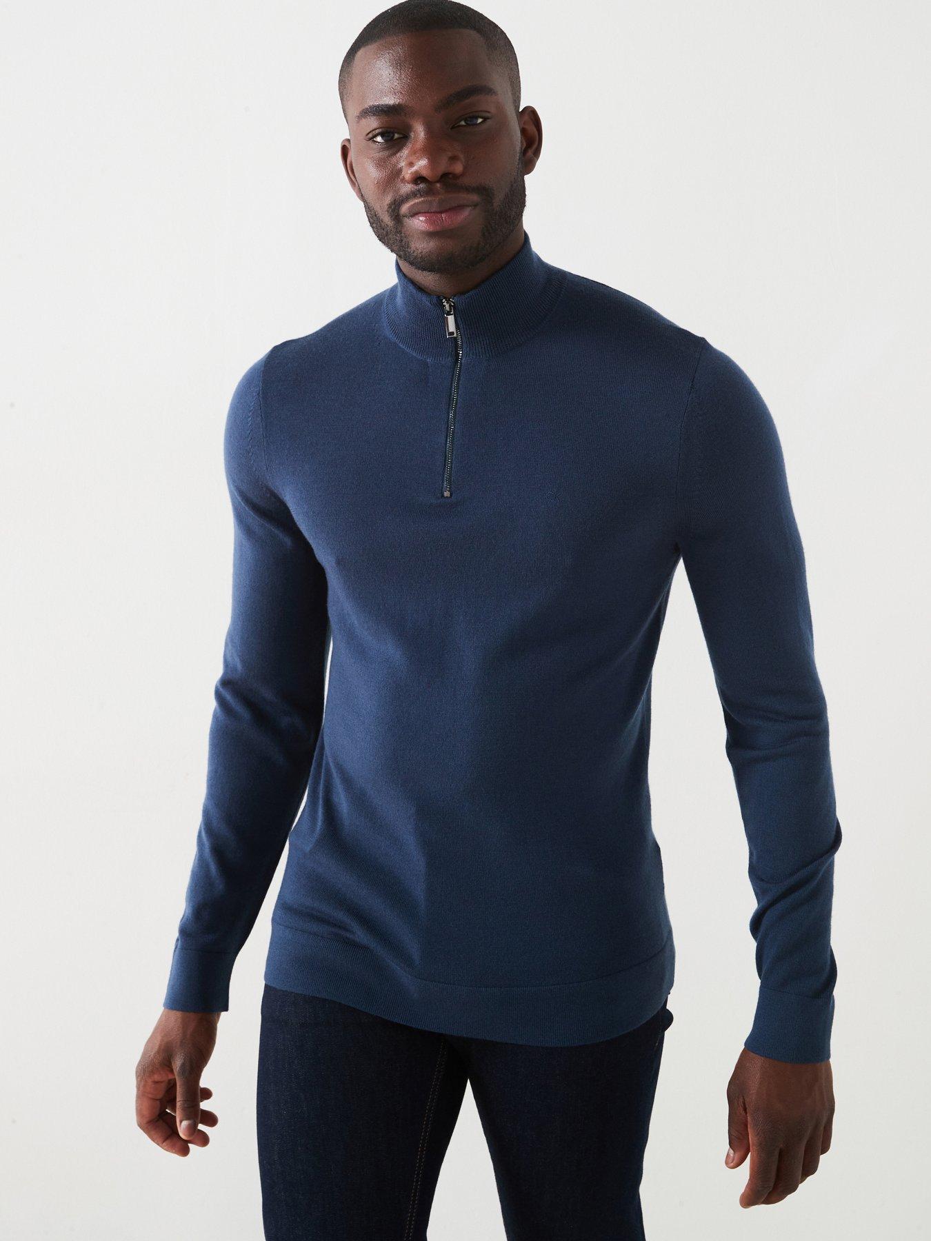 undefined Merino Quarter Zip Knitted Polo Shirt - Dark Blue