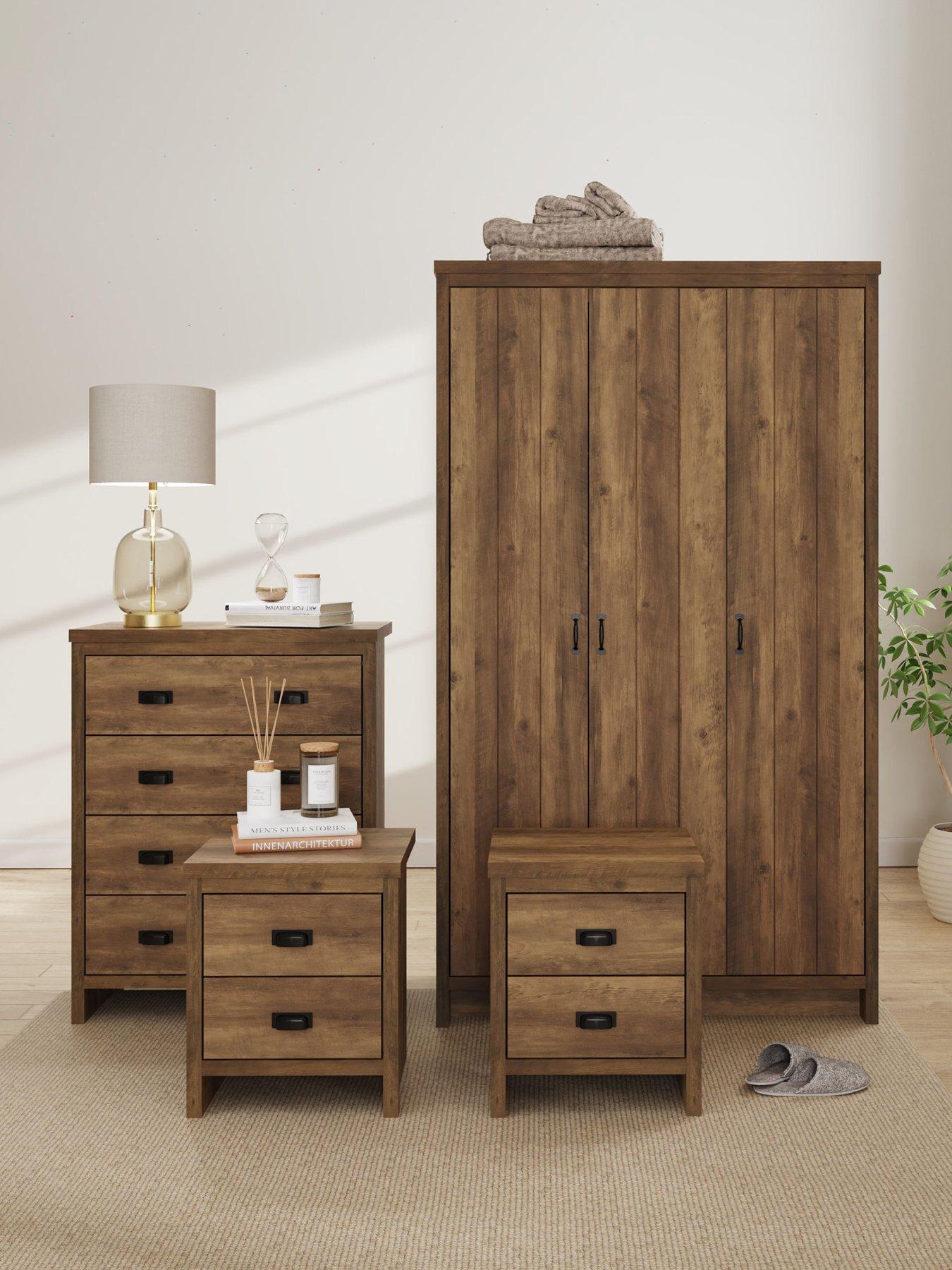  image of gfw-boston-4nbsppiece-package-3nbspdoor-wardrobe-4-drawer-chest-pair-ofnbspbedside-chests--oak