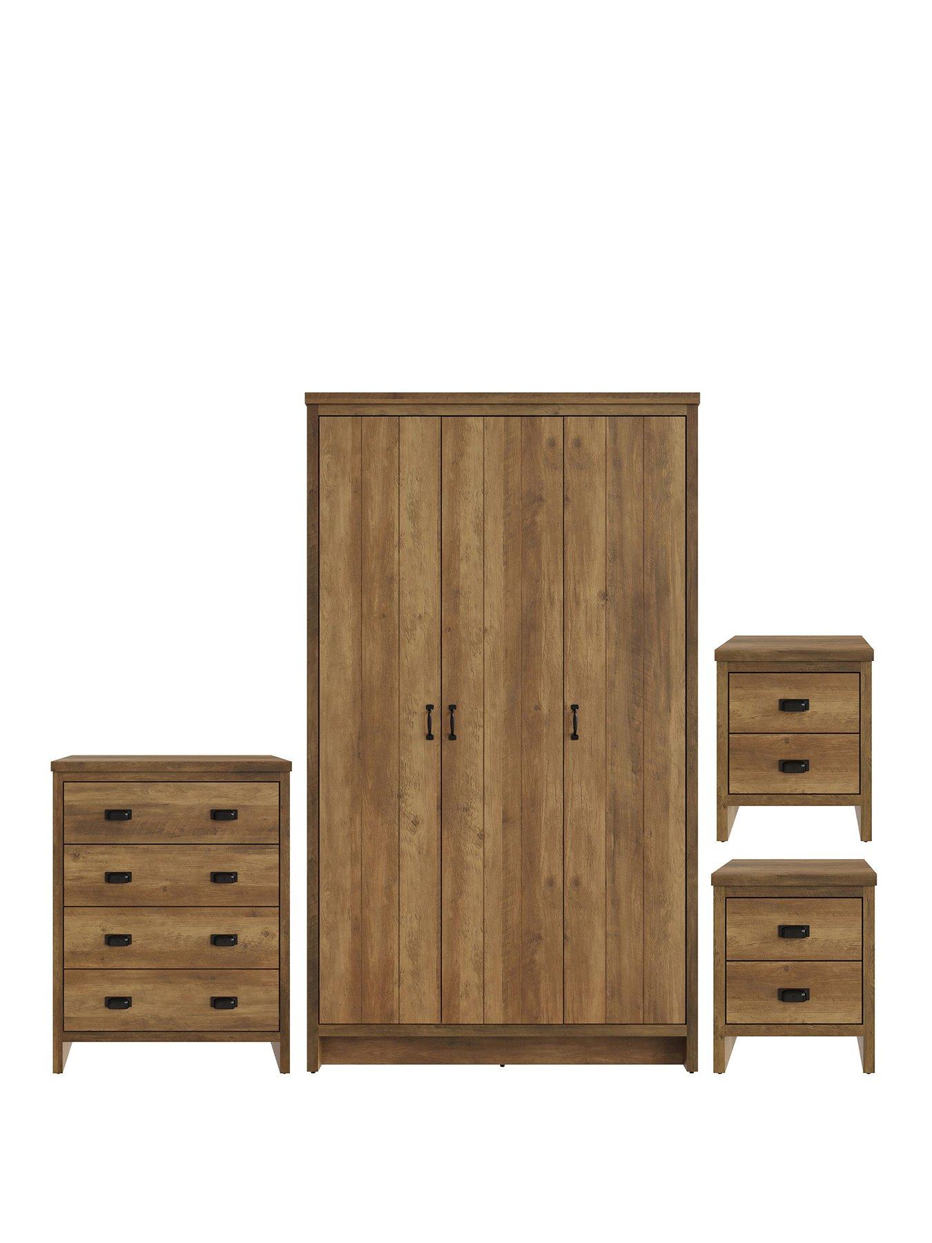  image of gfw-boston-4nbsppiece-package-3nbspdoor-wardrobe-4-drawer-chest-pair-ofnbspbedside-chests--oak
