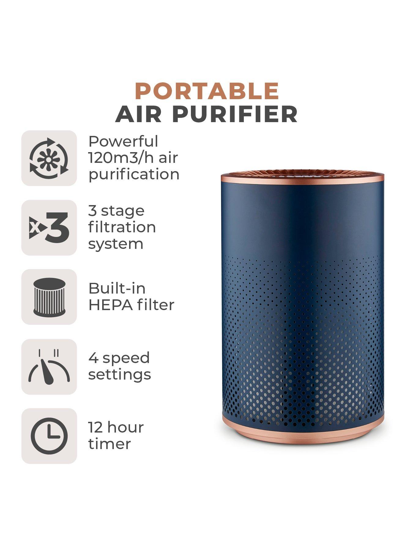  image of tower-t673000blg-desktop-air-purifier-powerful-hepa-13-filter-with-multicolour-mood-lighting-midnight-blue-and-rose-gold