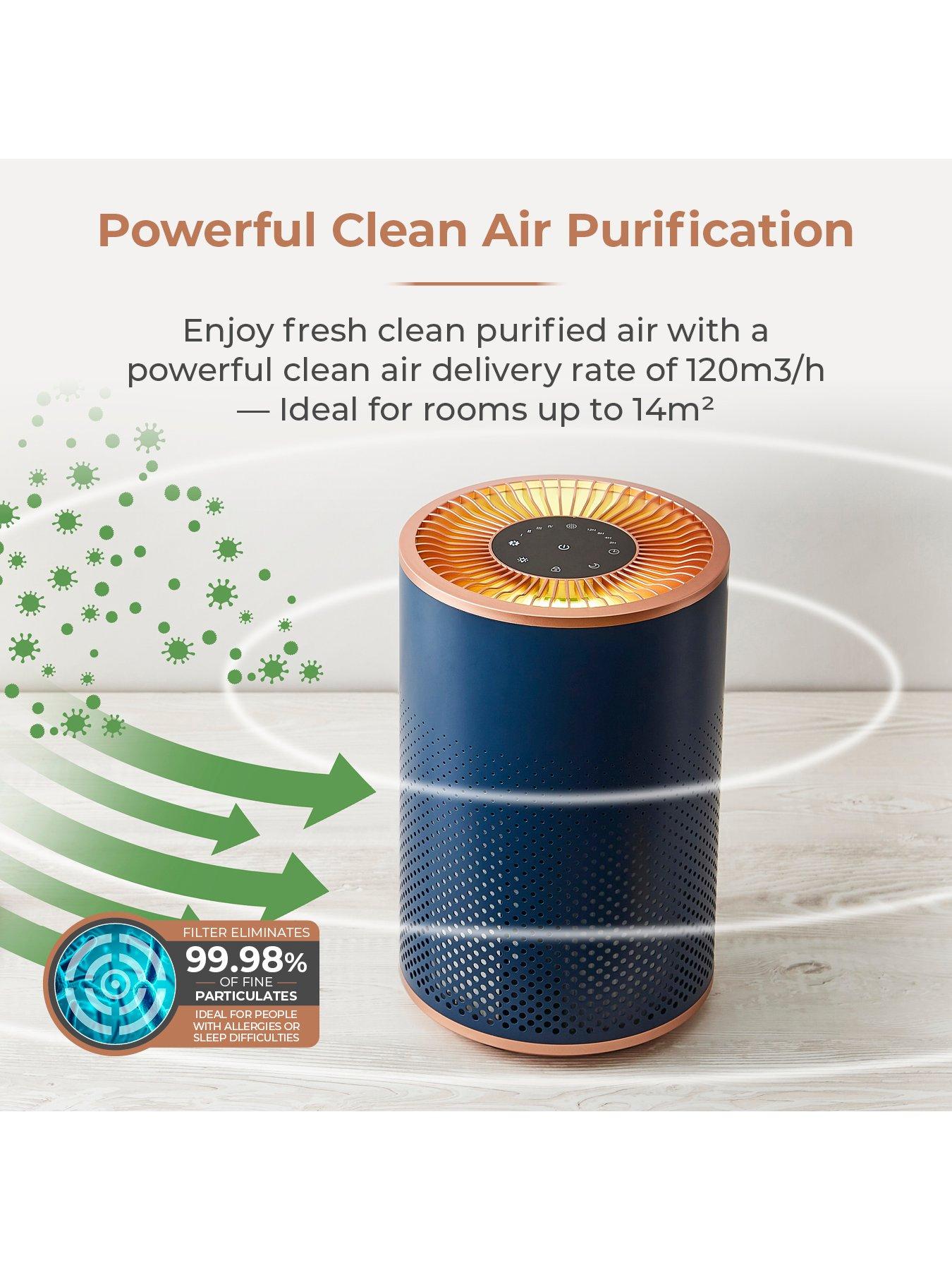  image of tower-t673000blg-desktop-air-purifier-powerful-hepa-13-filter-with-multicolour-mood-lighting-midnight-blue-and-rose-gold