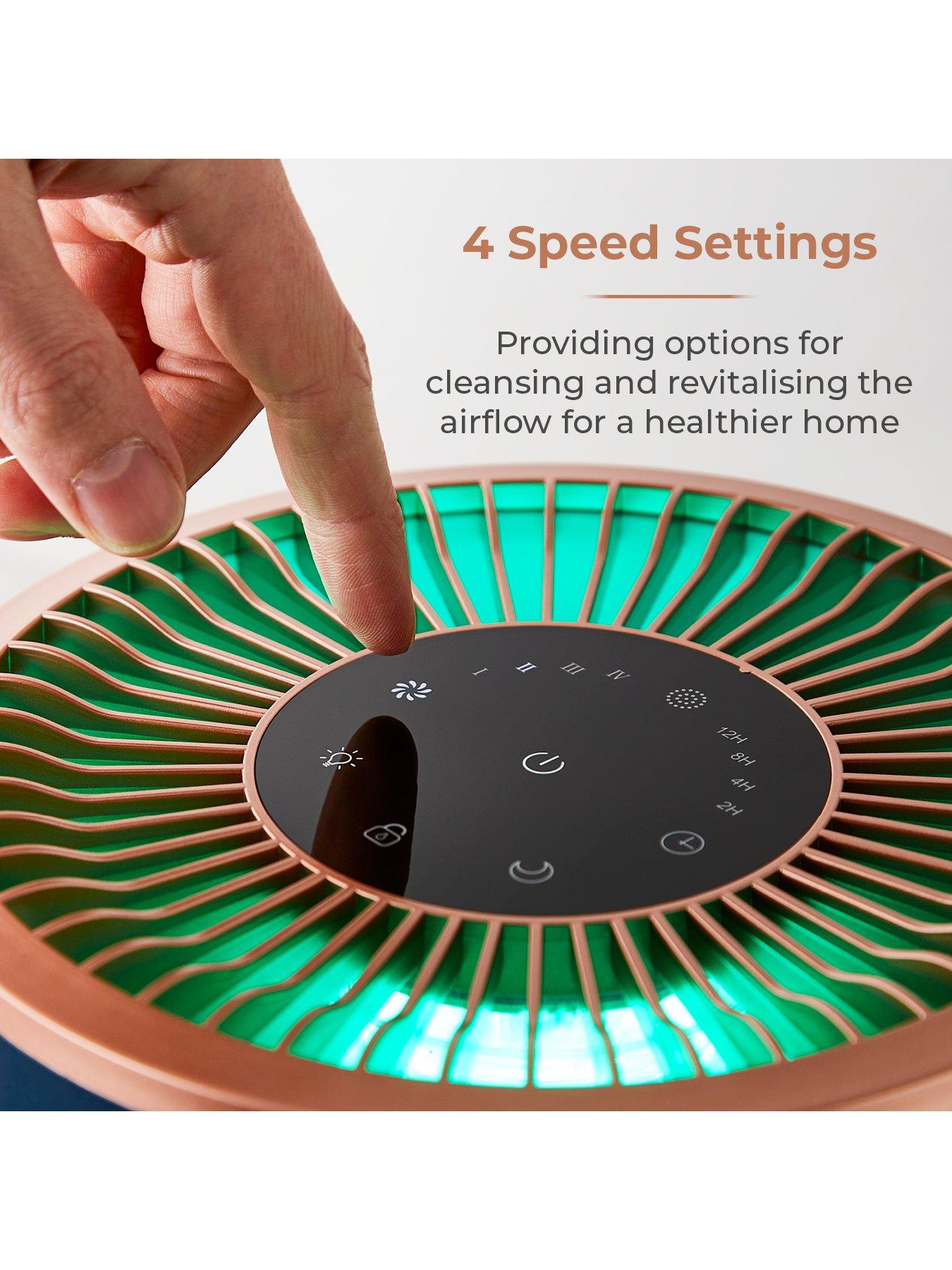  image of tower-t673000blg-desktop-air-purifier-powerful-hepa-13-filter-with-multicolour-mood-lighting-midnight-blue-and-rose-gold
