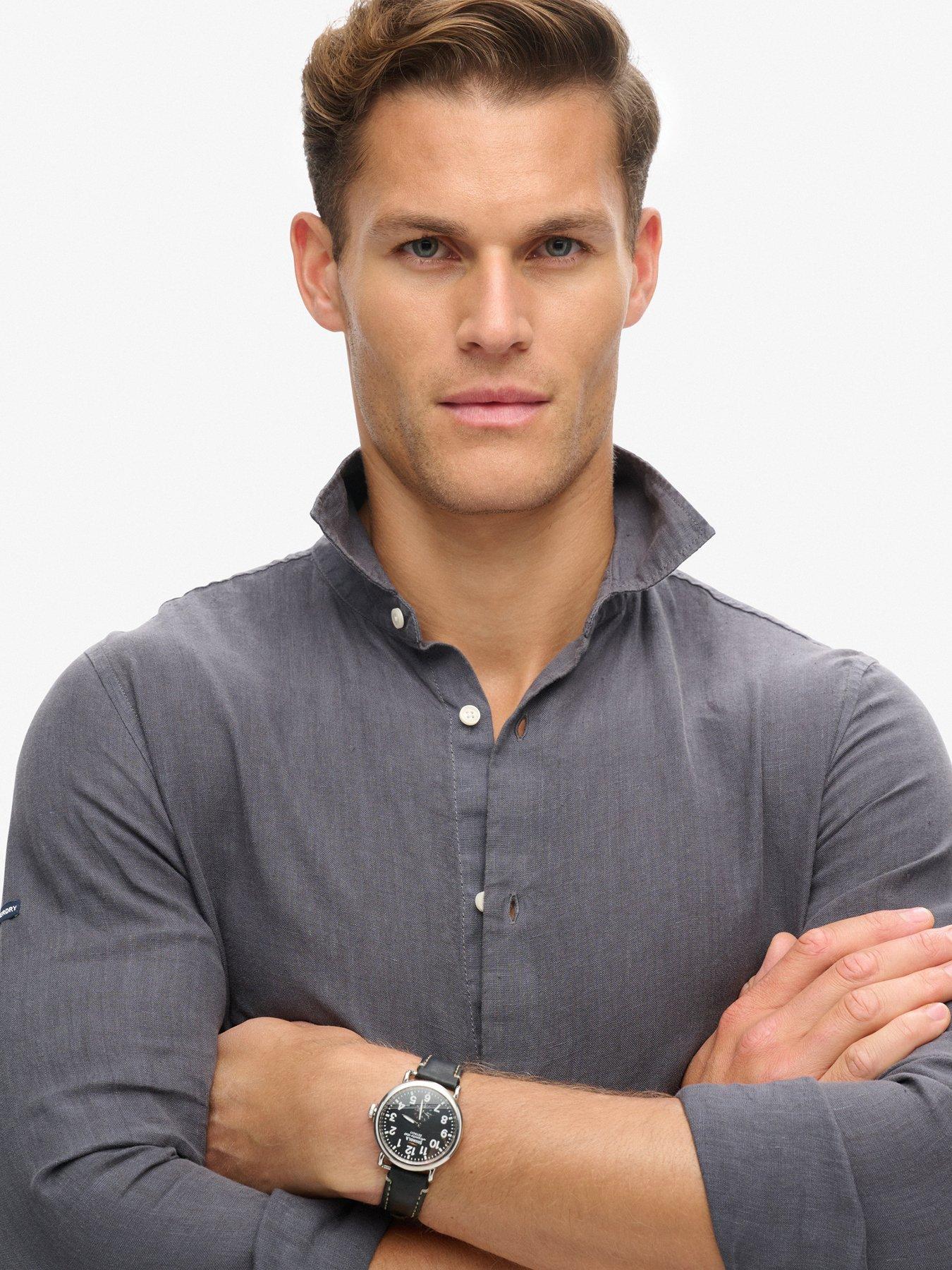  image of superdry-studios-linen-long-sleeve-shirt-dark-grey